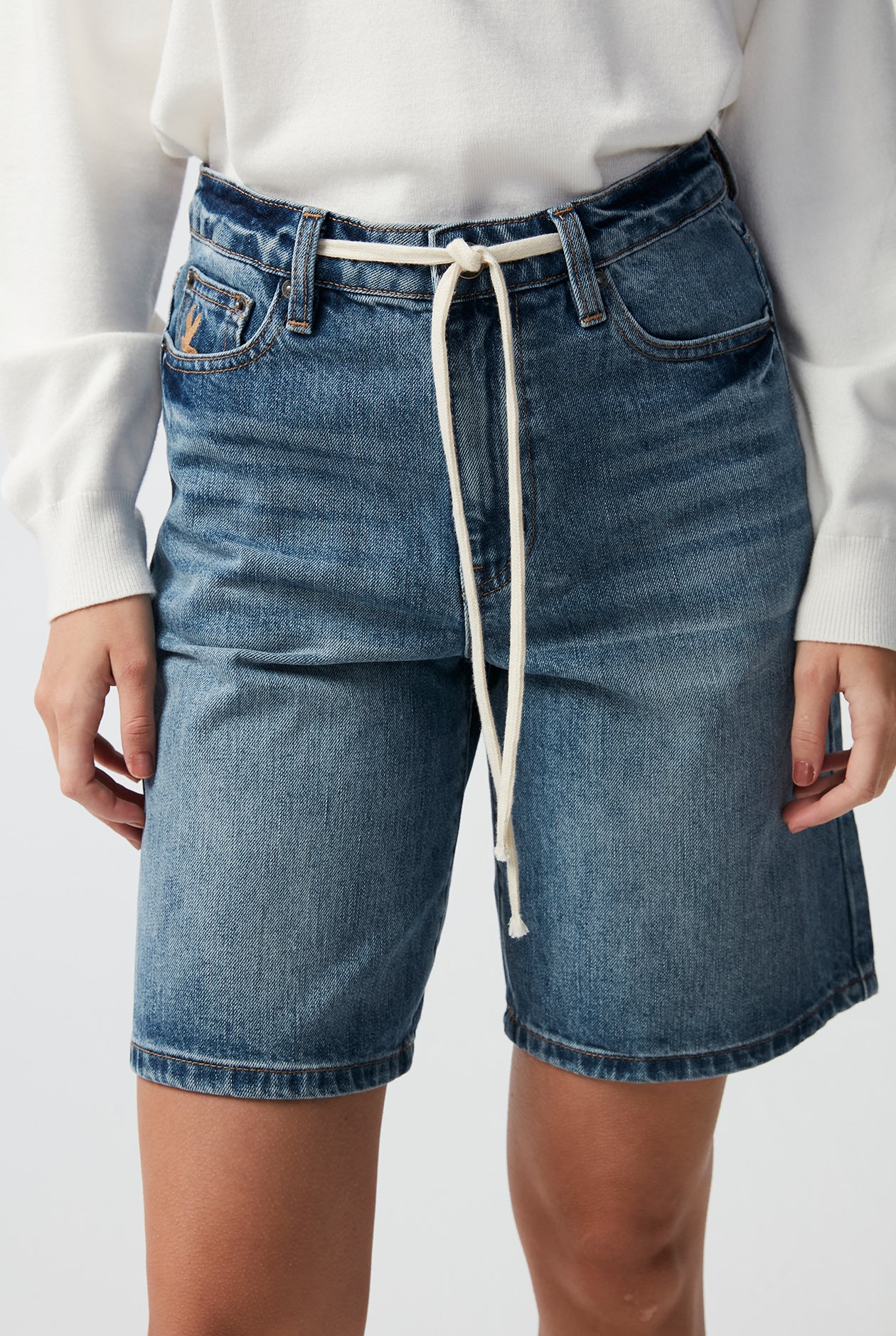WAIST TIE BERMUDA DENIM SHORTS