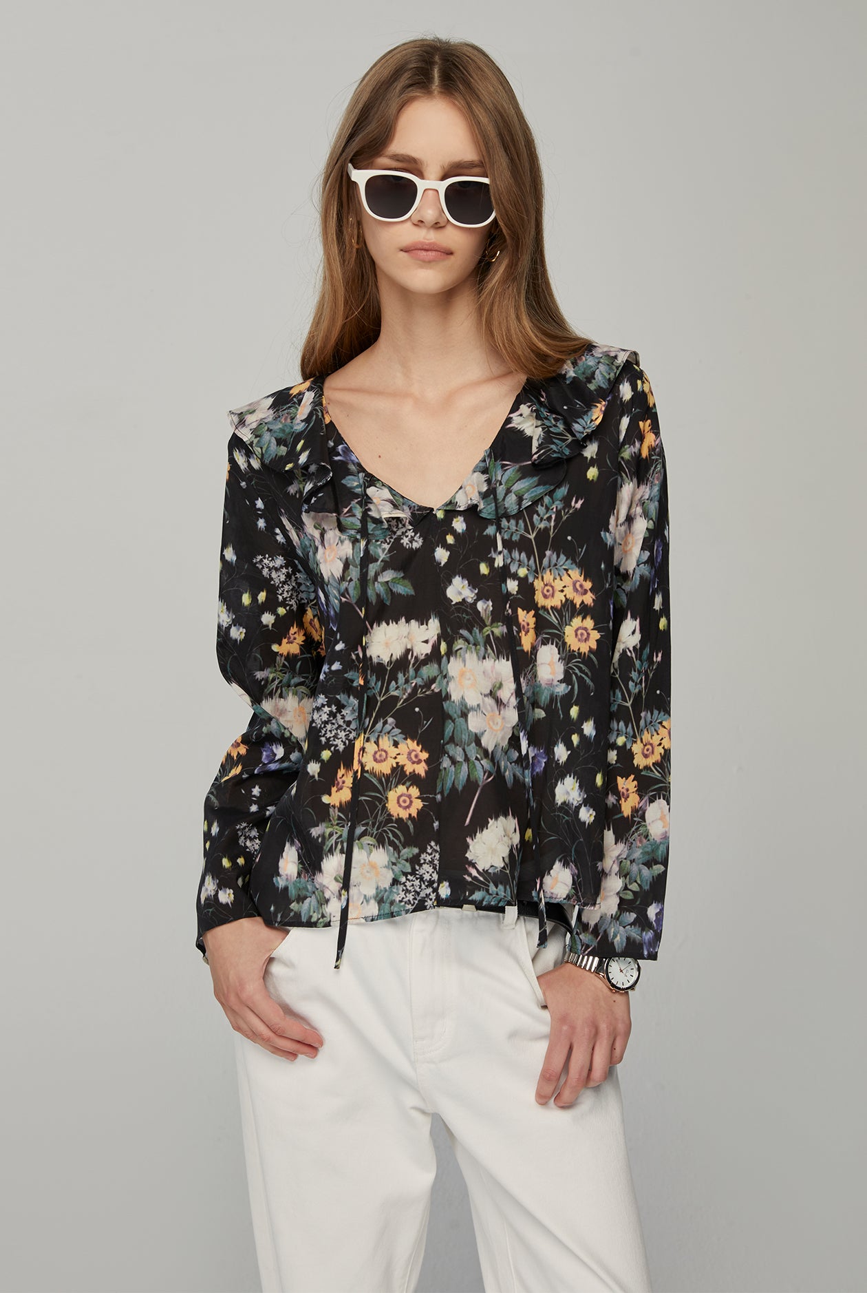 BLOSSOM PRINTED RUFFLE BLOUSE