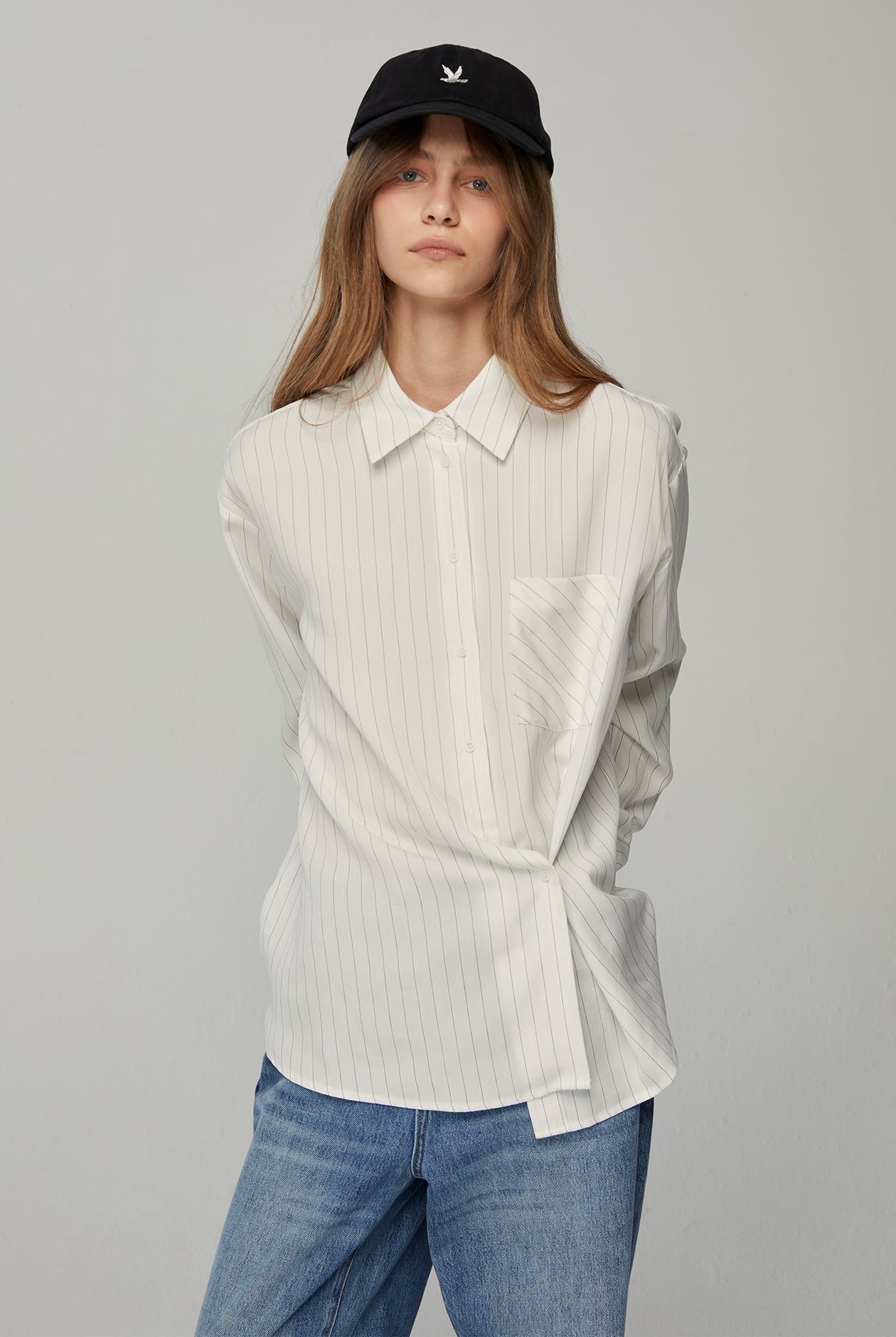 PINSTRIPE BUTTON-DETAIL SHIRT