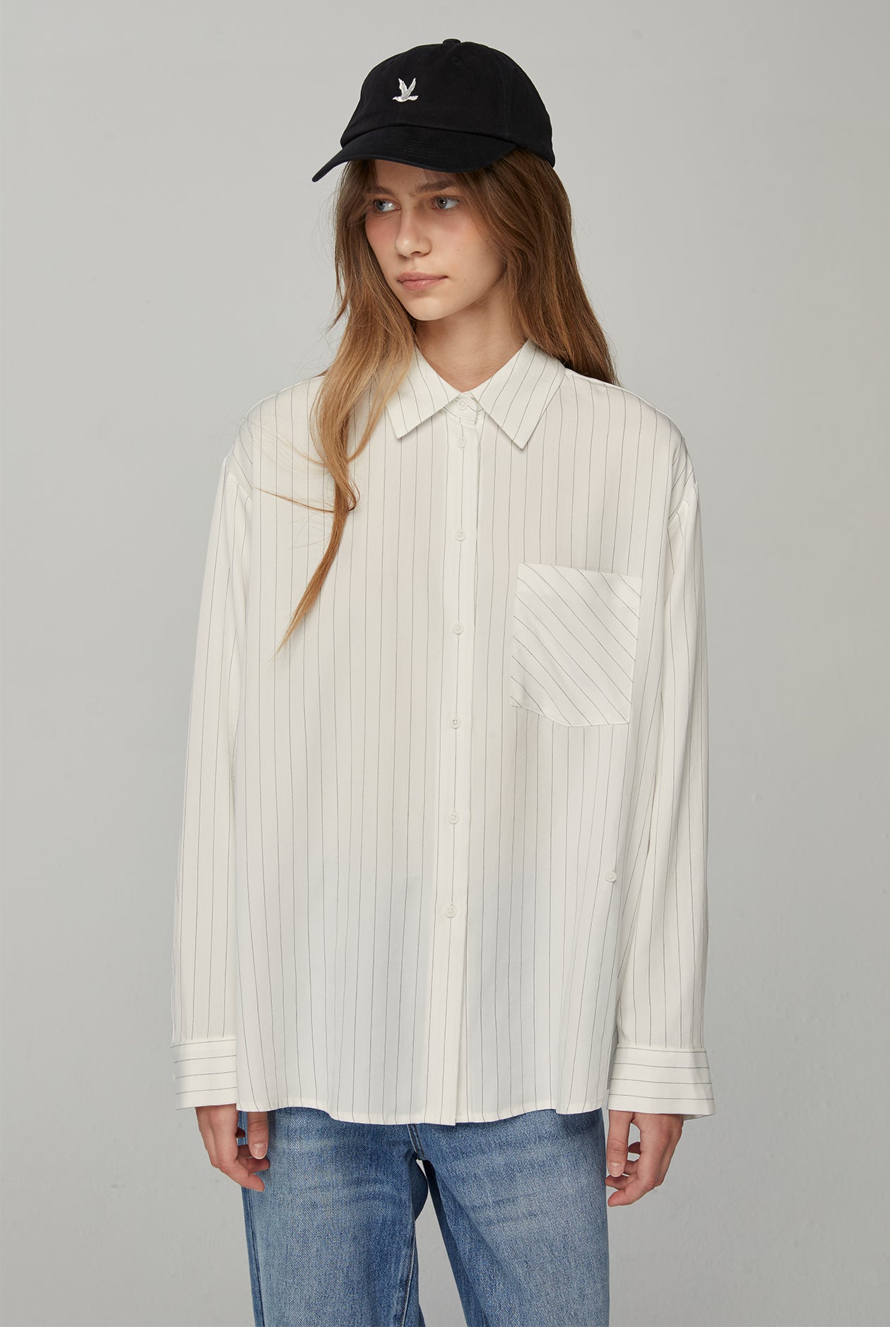 PINSTRIPE BUTTON-DETAIL SHIRT