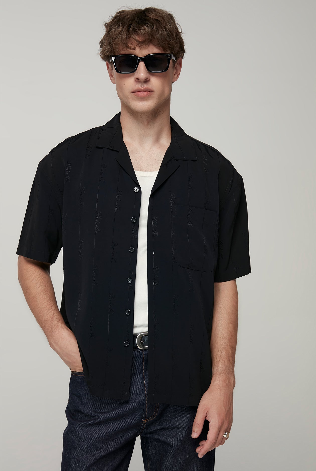 CAMP COLLAR JACQUARD STRIPED SHIRT