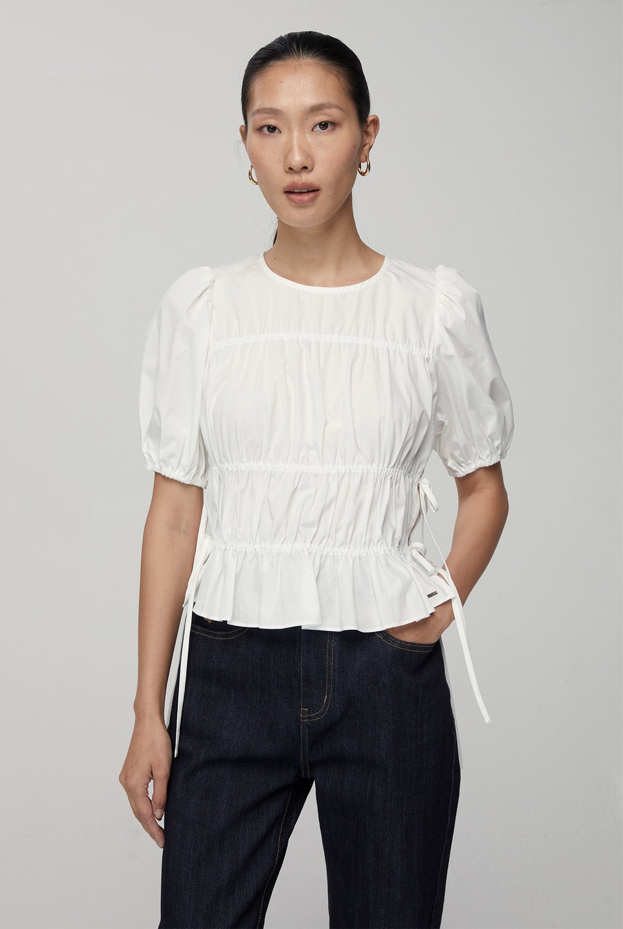 SHIRRED TEXTURE TIE BLOUSE