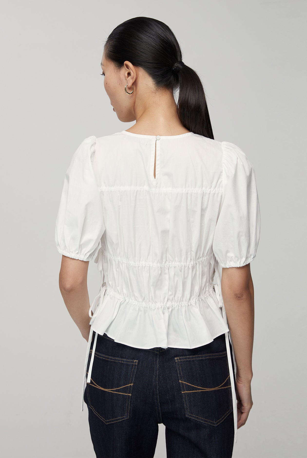 SHIRRED TEXTURE TIE BLOUSE