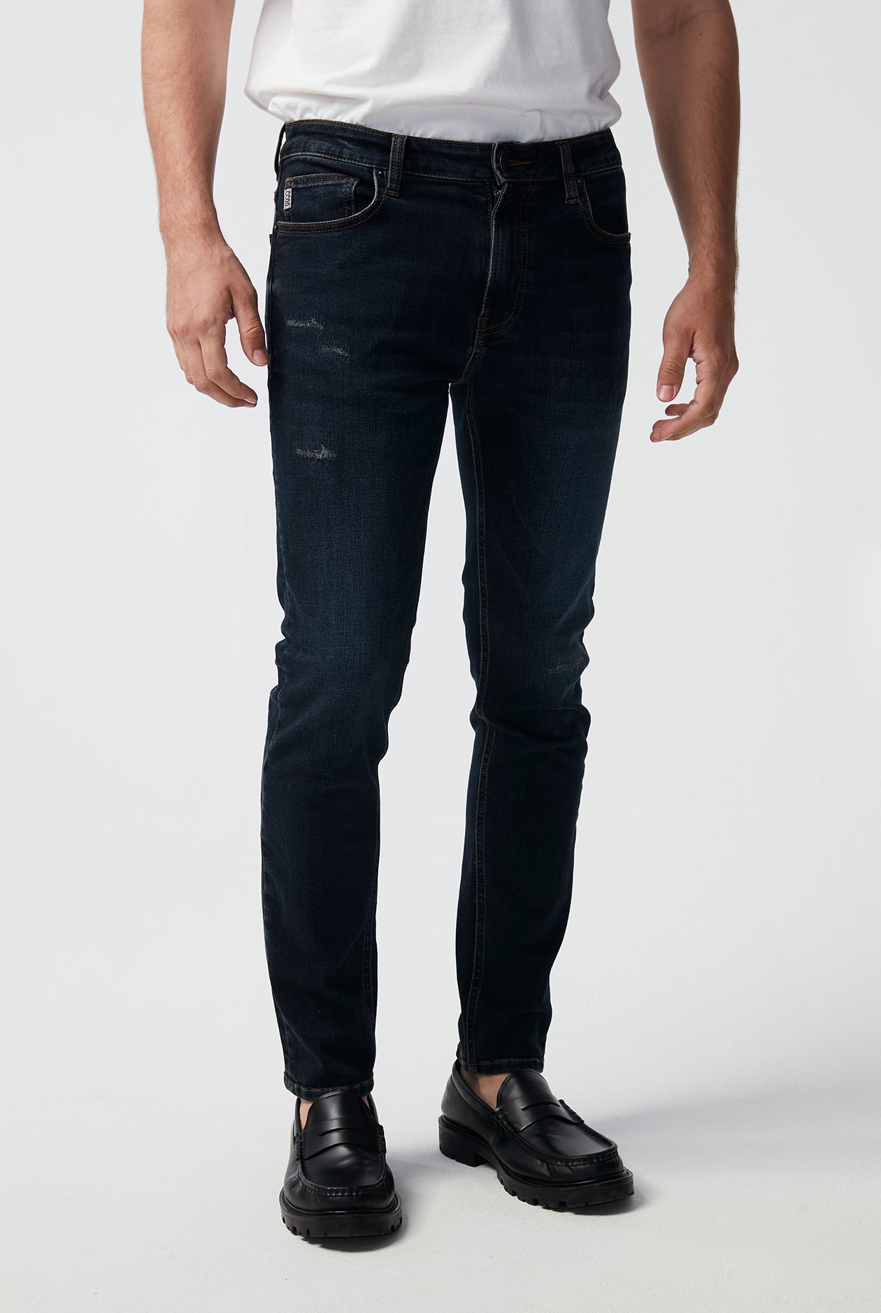 DESTROYED DARK BLUE WASH SKINNY JEANS
