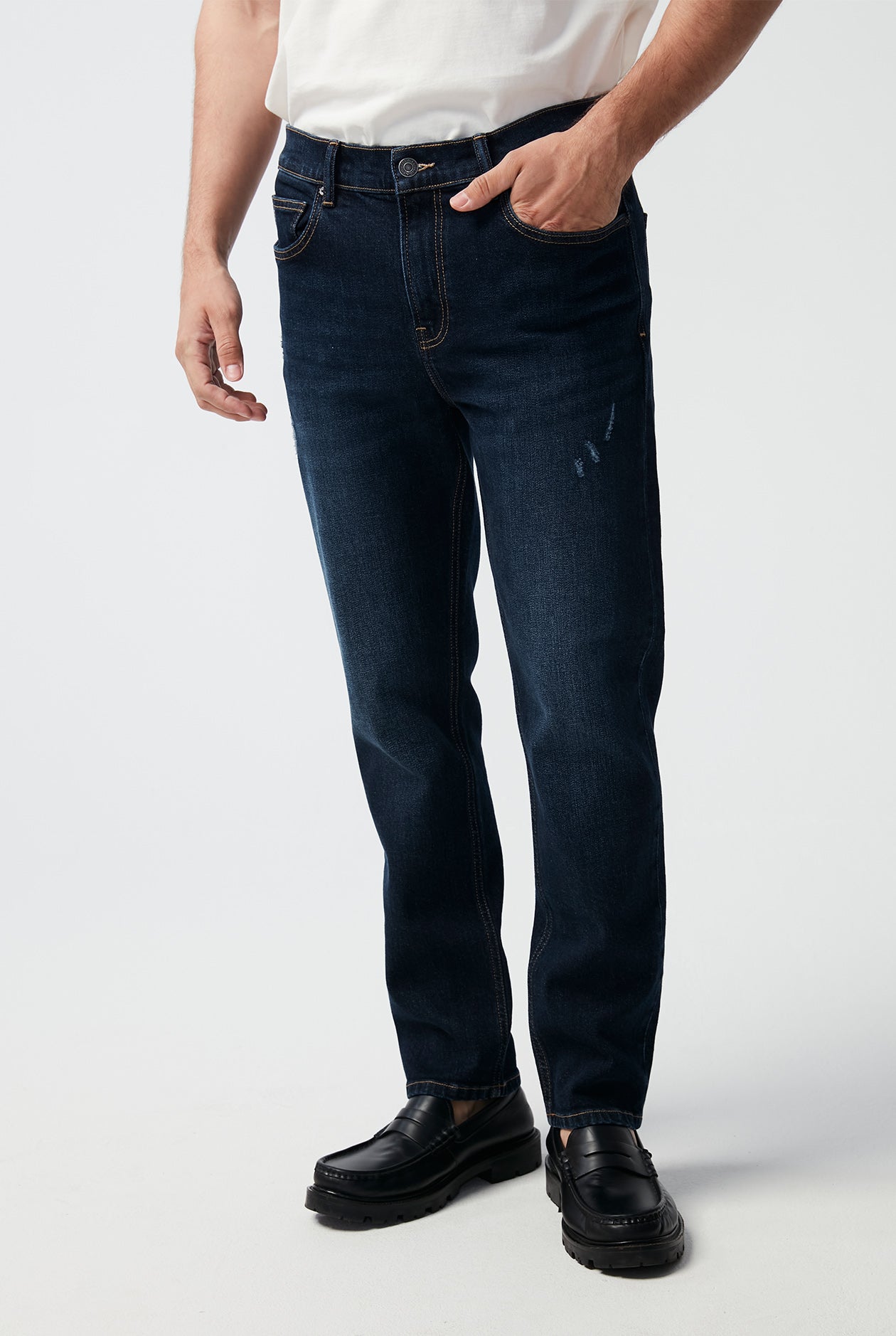 DESTROYED DARK BLUE WASH SLIM FIT JEANS