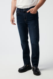 DESTROYED DARK BLUE WASH SLIM FIT JEANS