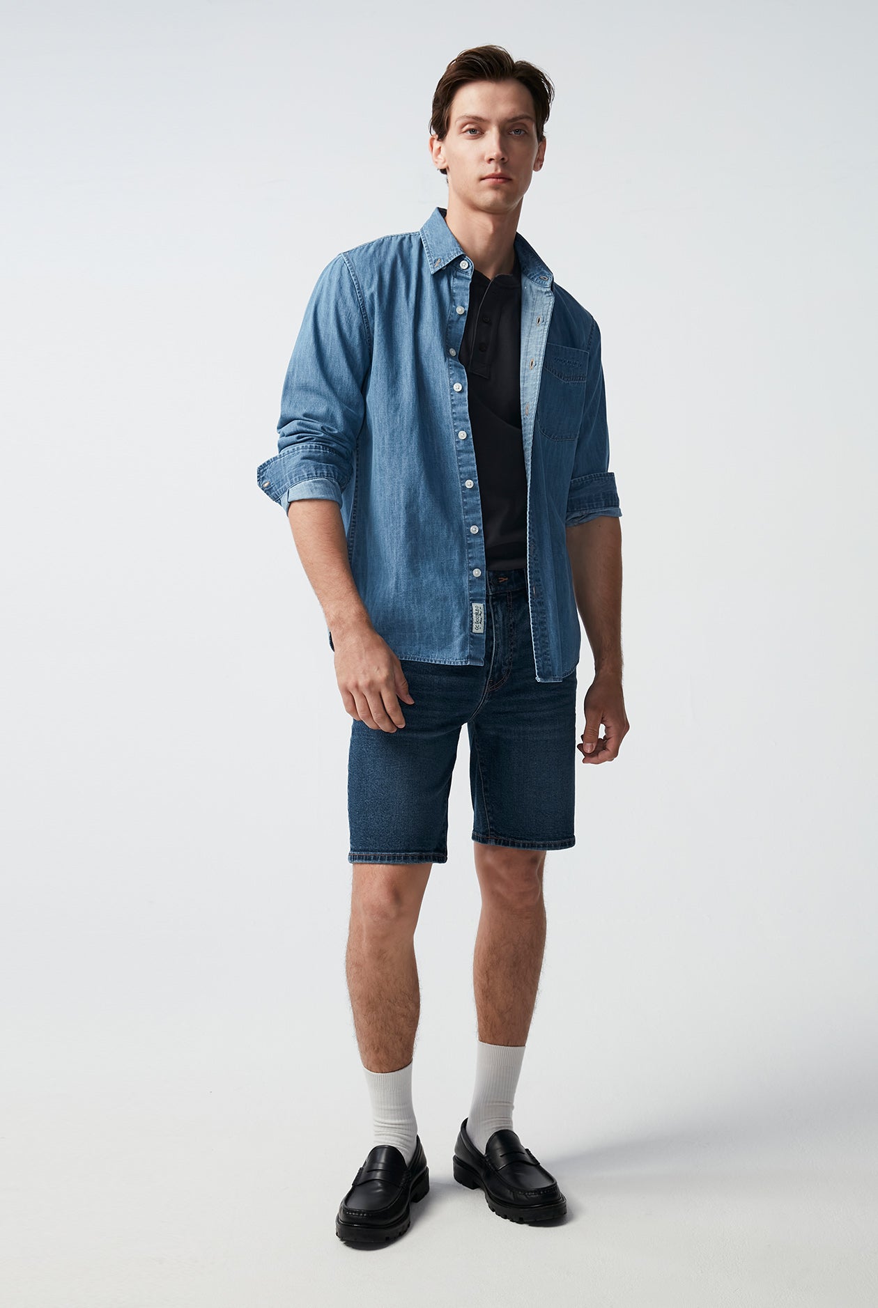 DESTROYED MEDIUM BLUE WASH SLIM SHORT JEANS