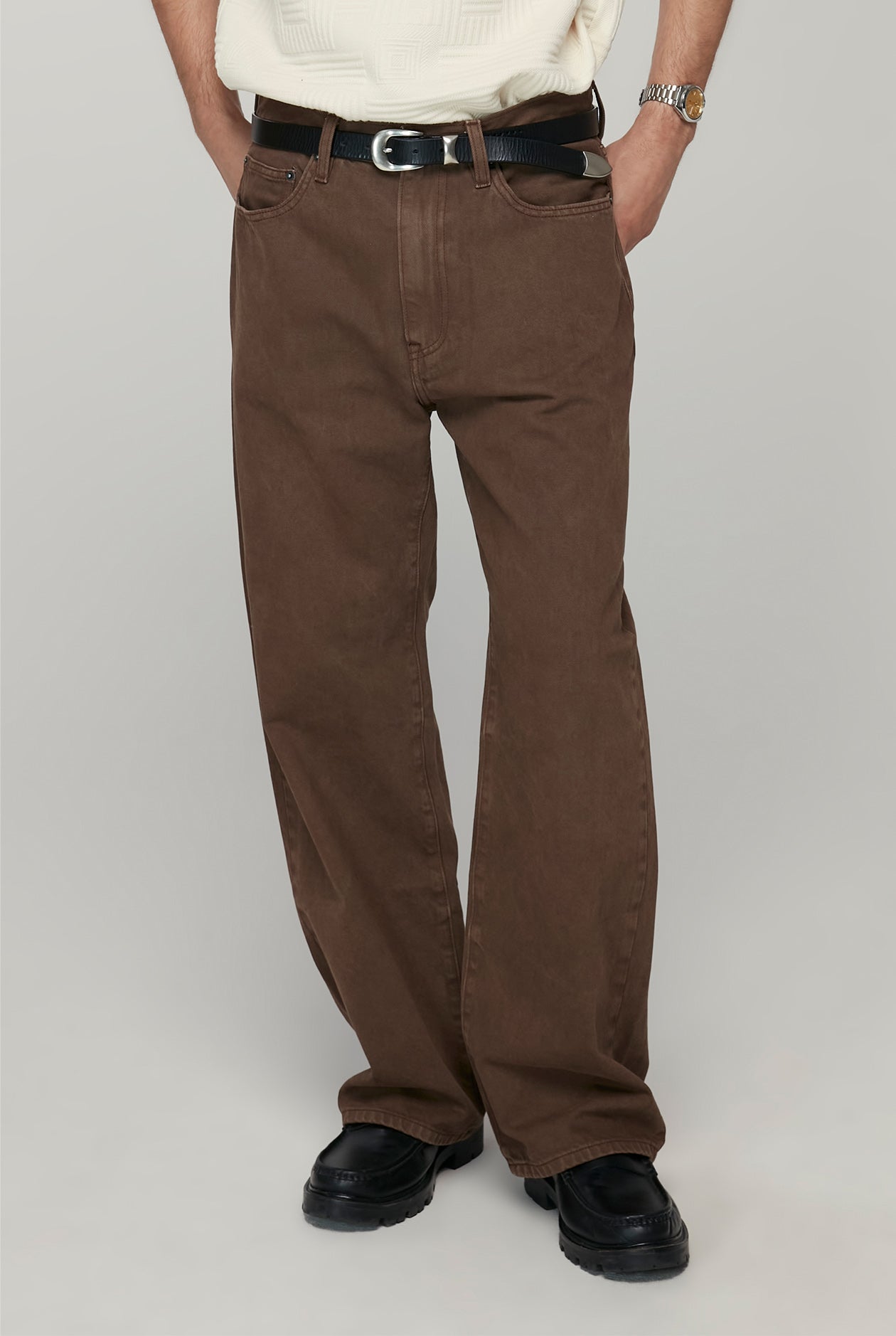 DARK BROWN GARMENT DYED BAGGY JEANS