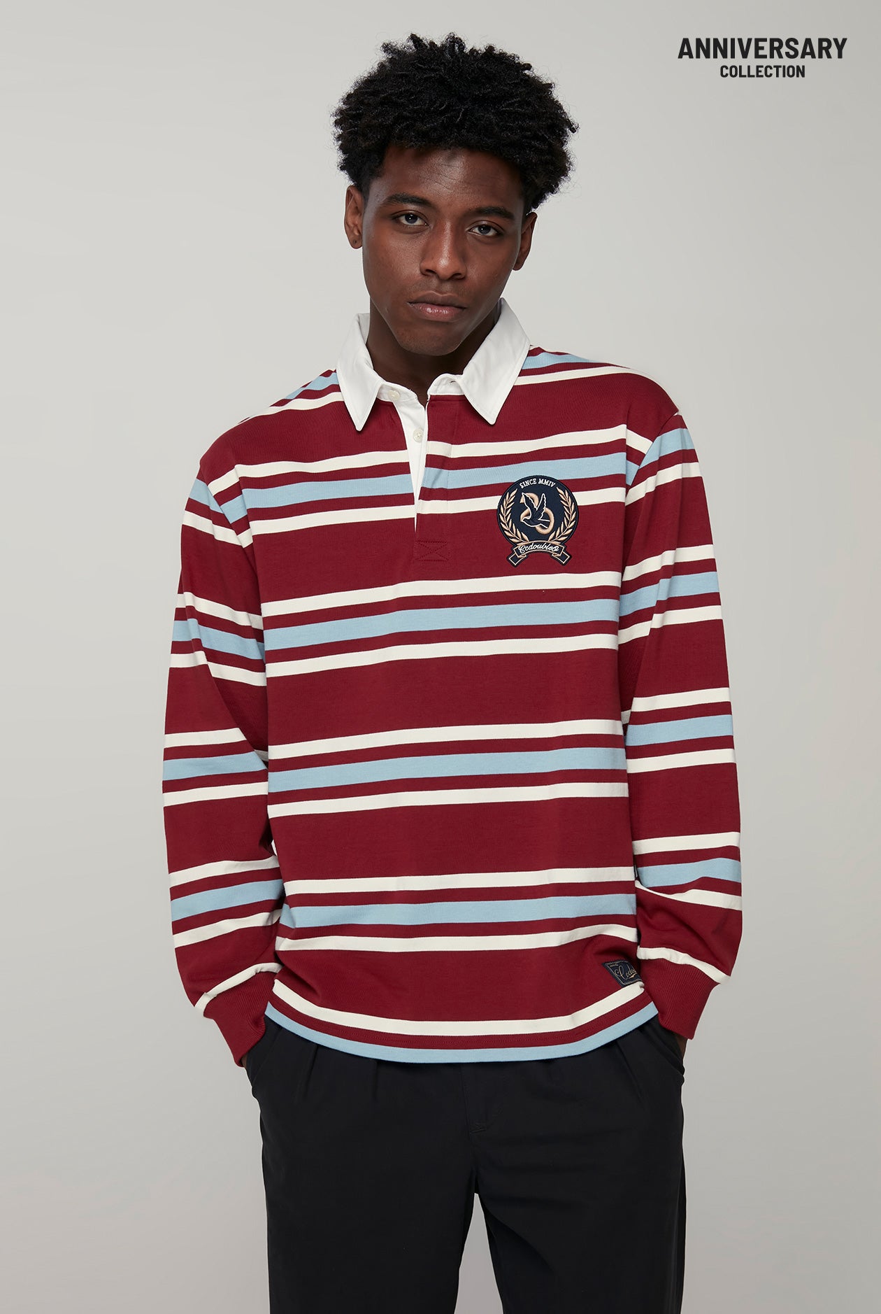 20th ANNIVERSARY BIRD LOGO STRIPED LONG SLEEVE RUGBY SHIRT