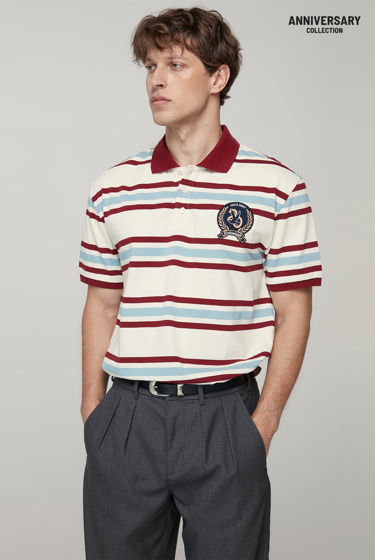 20th ANNIVERSARY BIRD LOGO WIDE STRIPED POLO