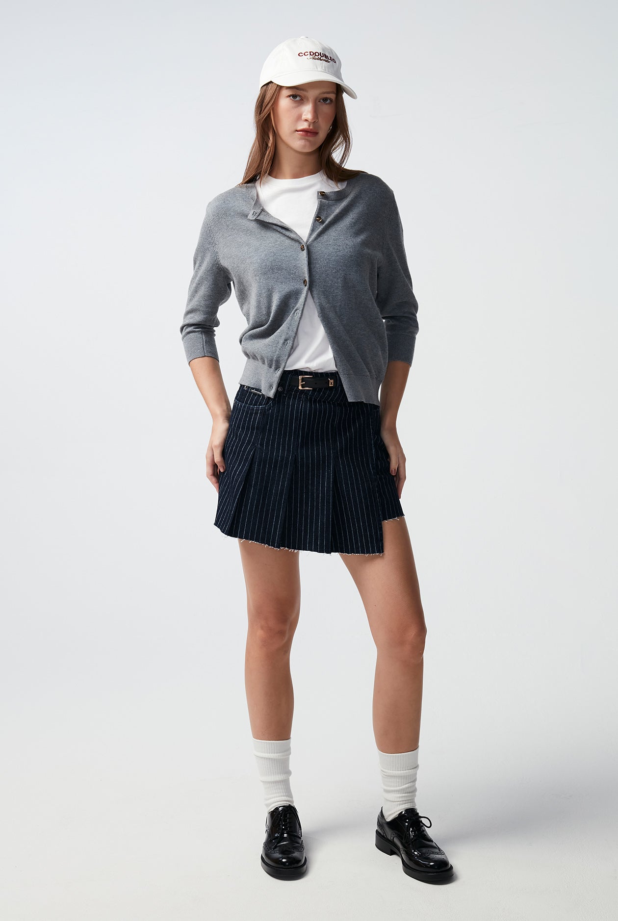 PLEATED STRIPED DENIM SKORT
