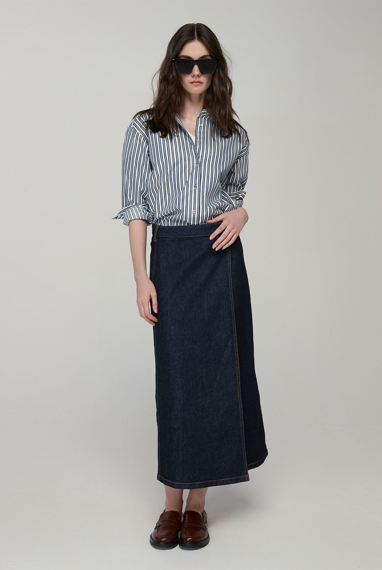 WRAP FRONT MIDI DENIM SKIRT
