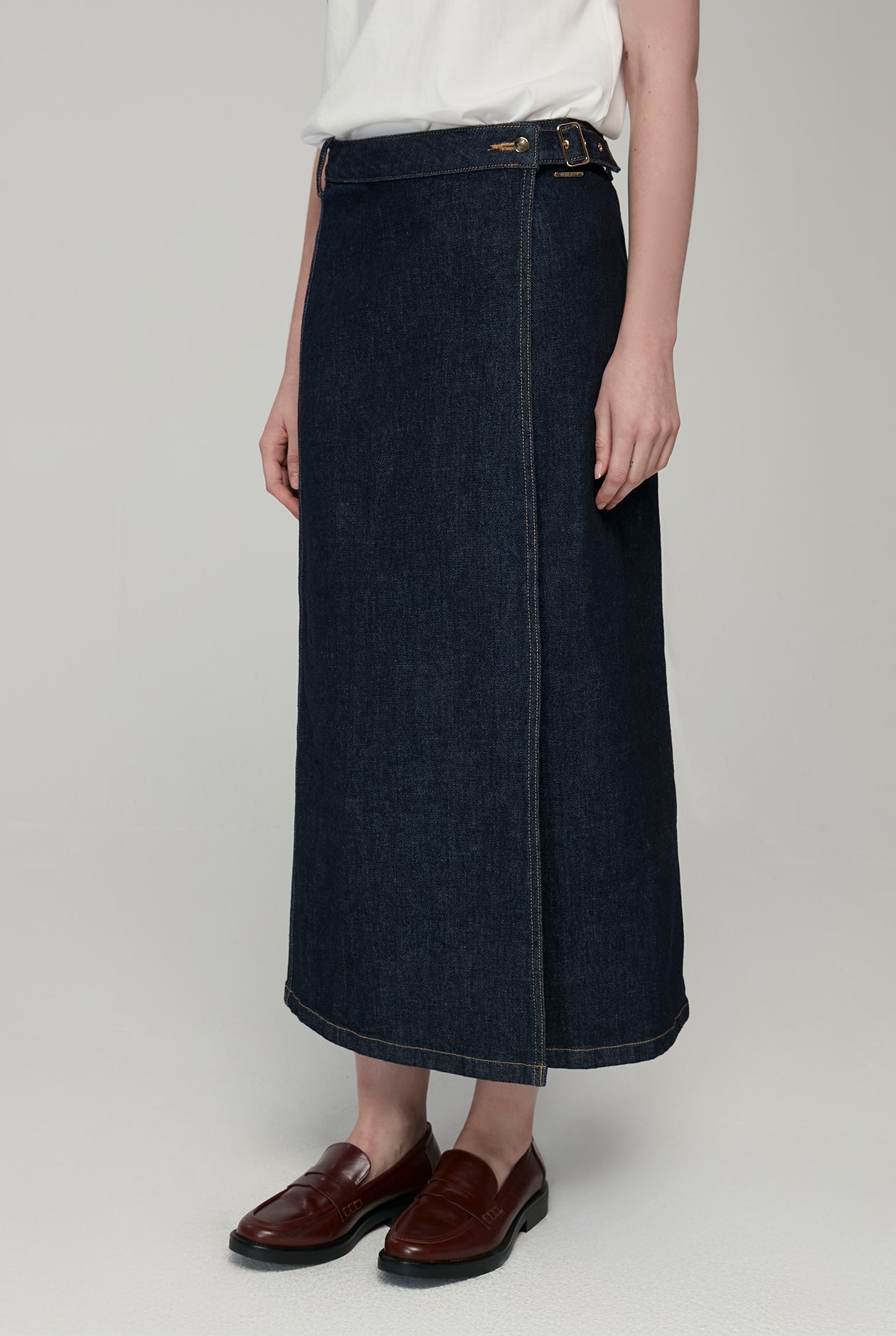 WRAP FRONT MIDI DENIM SKIRT