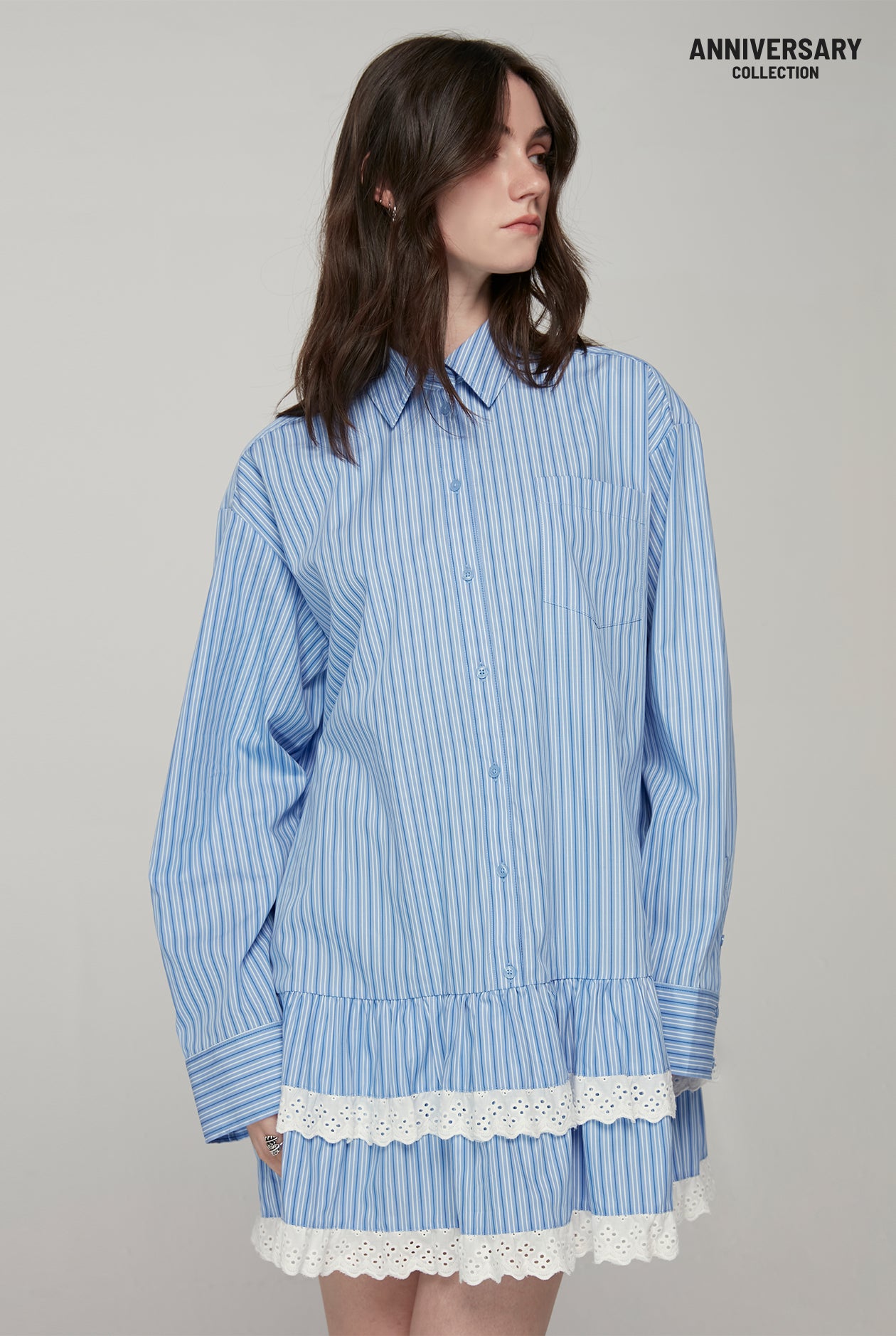 20th ANNIVERSARY STRIPED RUFFLE DRESS