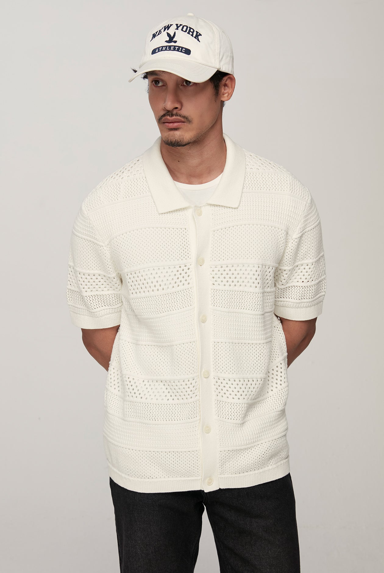 OFF WHITE TEXTURE STRIPED KNIT SHIRT