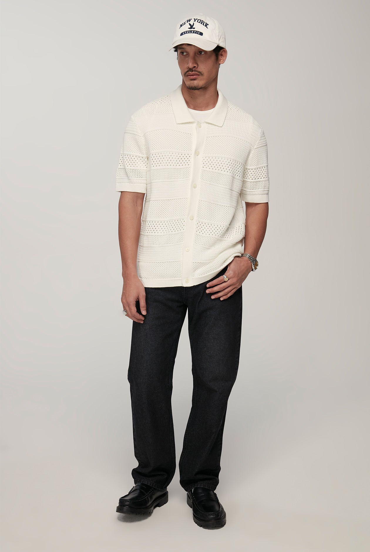 OFF WHITE TEXTURE STRIPED KNIT SHIRT