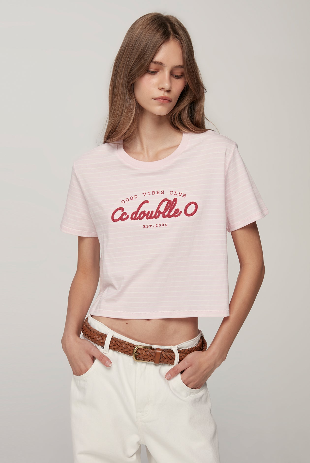 PINK STRIPED GRAPHIC TEE