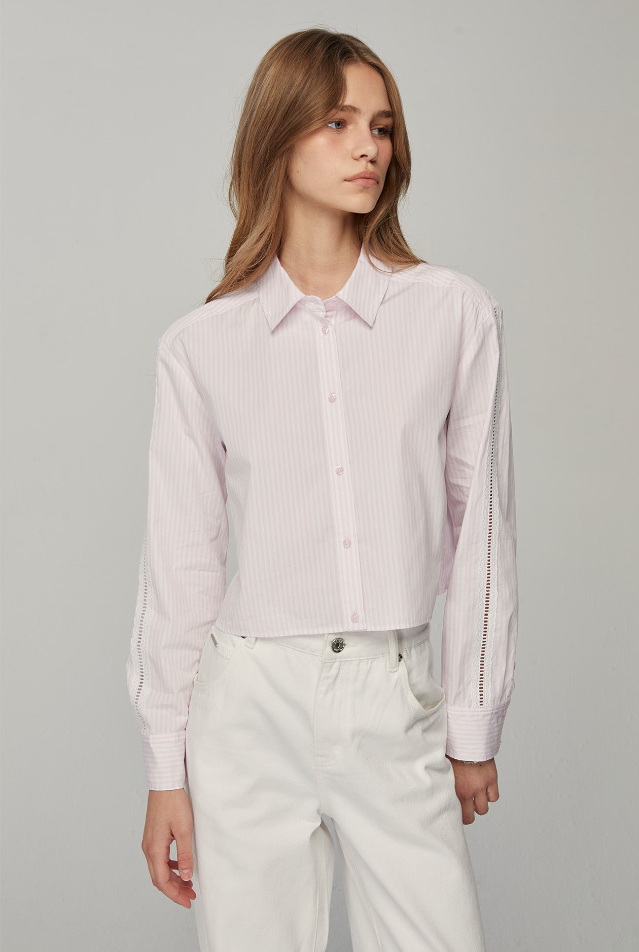 PINK LACE PANEL SLEEVE STRIPED SHIRT