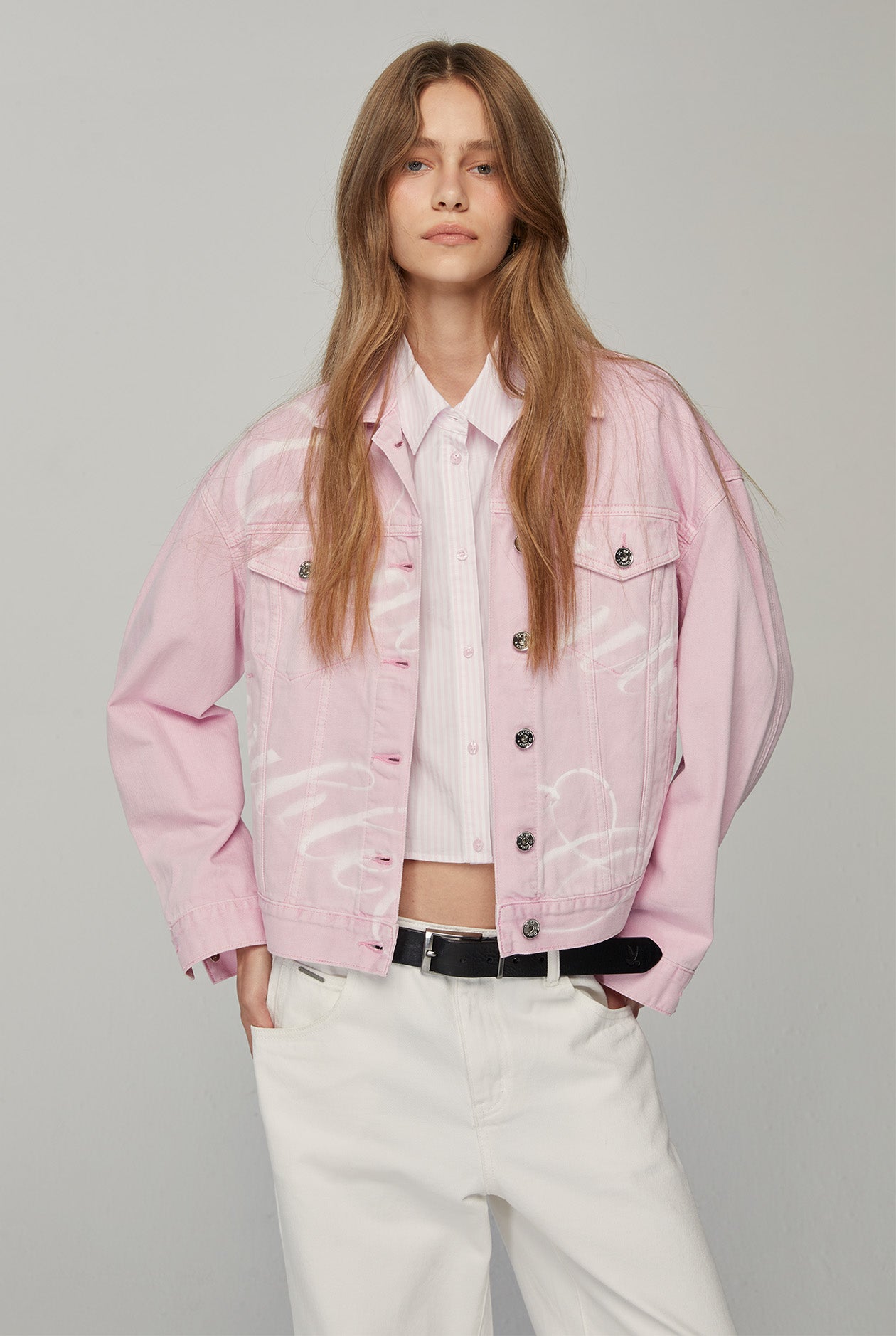PINK LACE PANEL SLEEVE STRIPED SHIRT