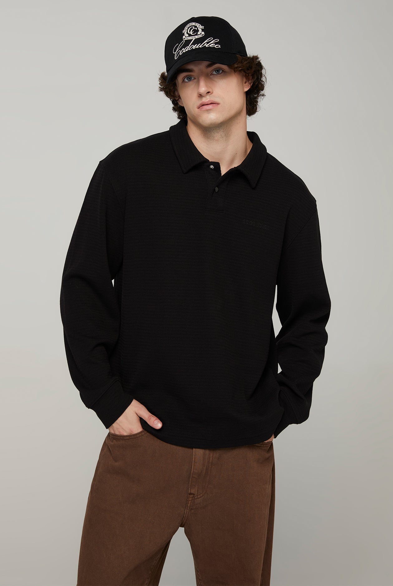 RIB TEXTURED LONG SLEEVE POLO