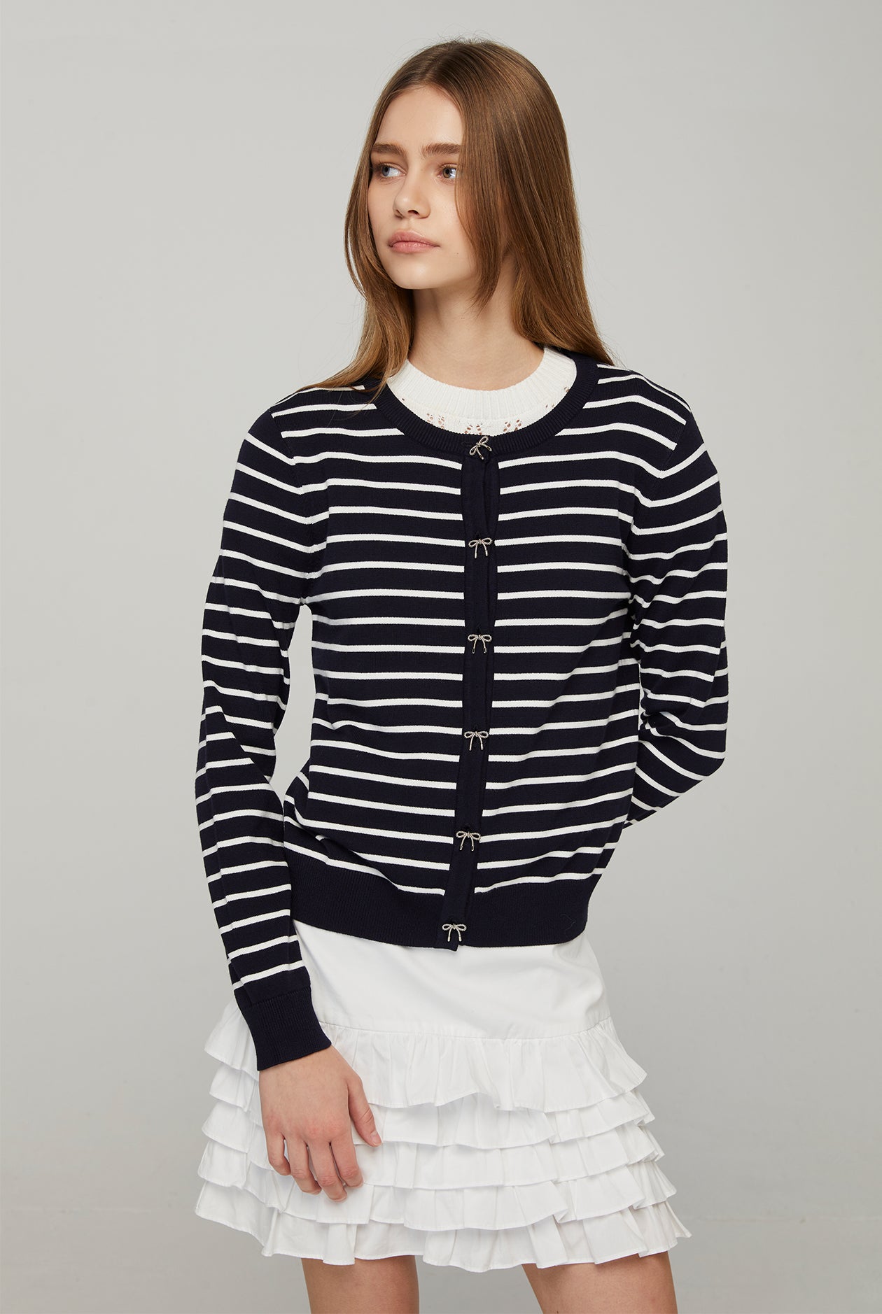 BOW BUTTON STRIPED CARDIGAN
