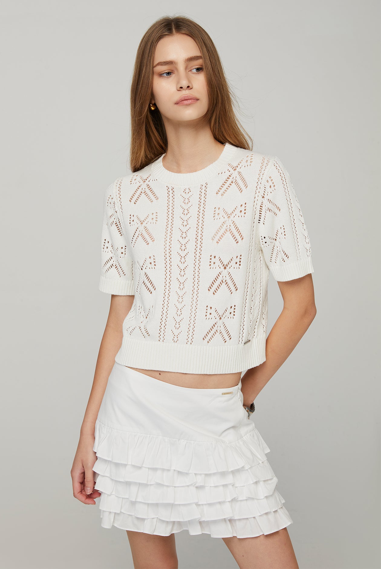 BOW POINTELLE KNITTED TOP