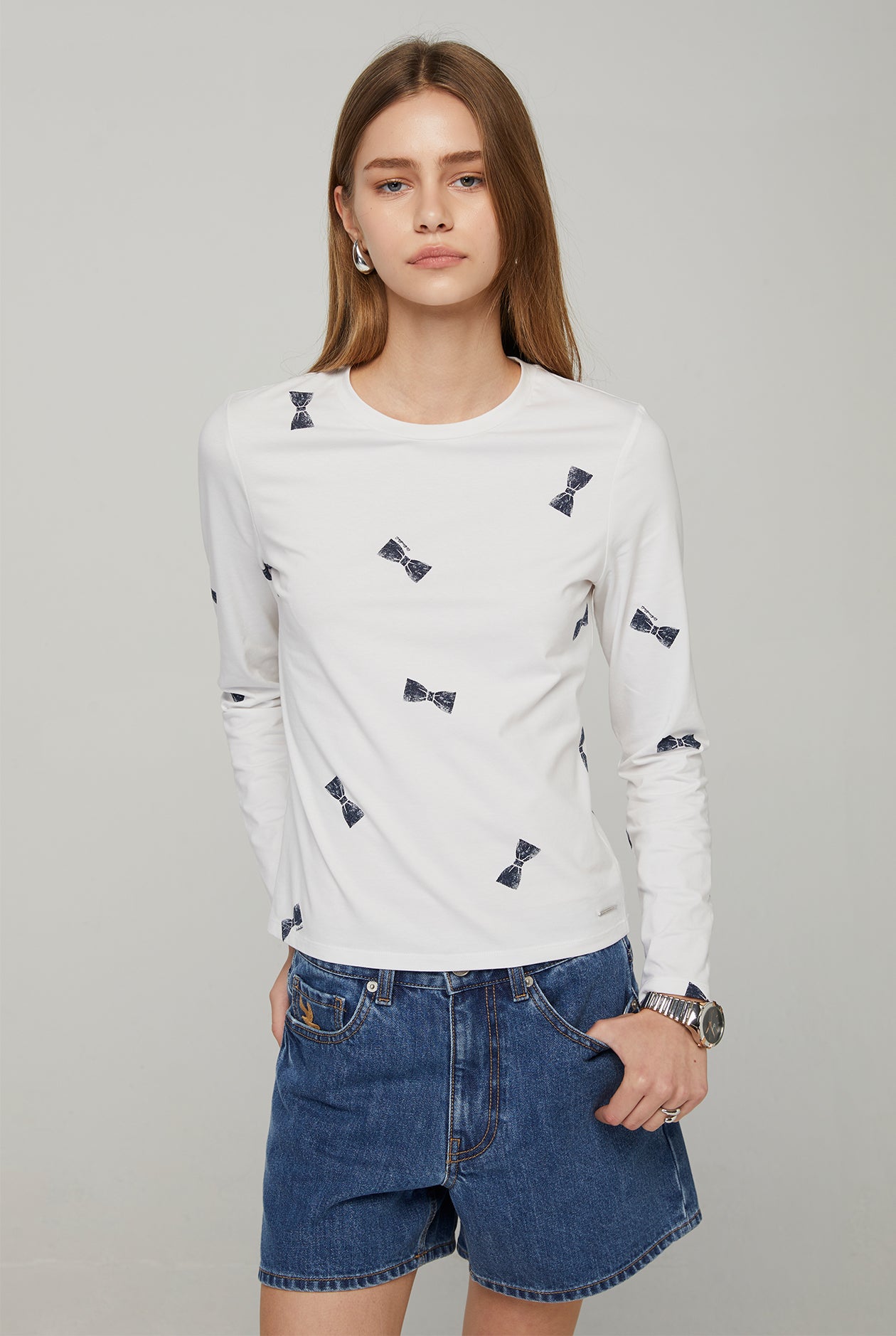 LONG SLEEVE BOW PRINTED TOP