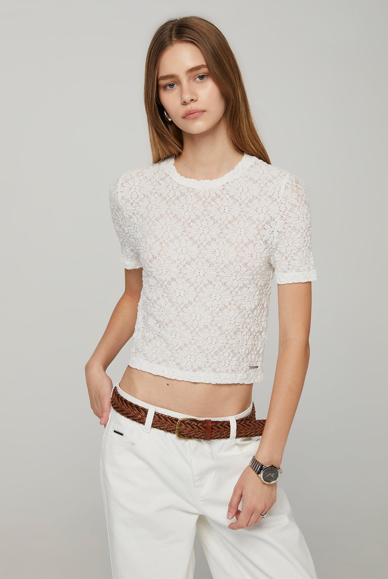 LACE SMOCKED CROPPED TOP