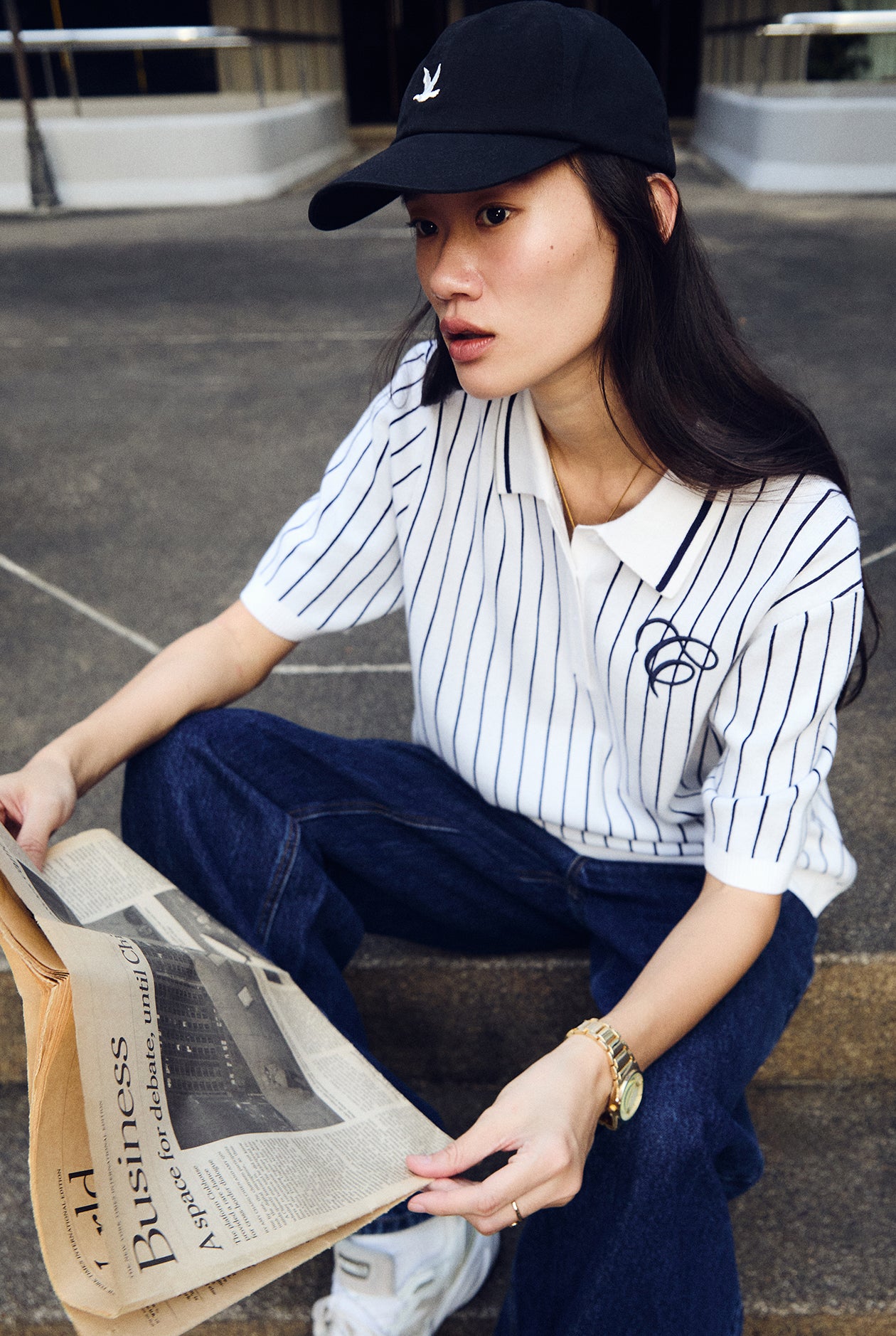 OVERSIZED PINSTRIPED KNIT POLO