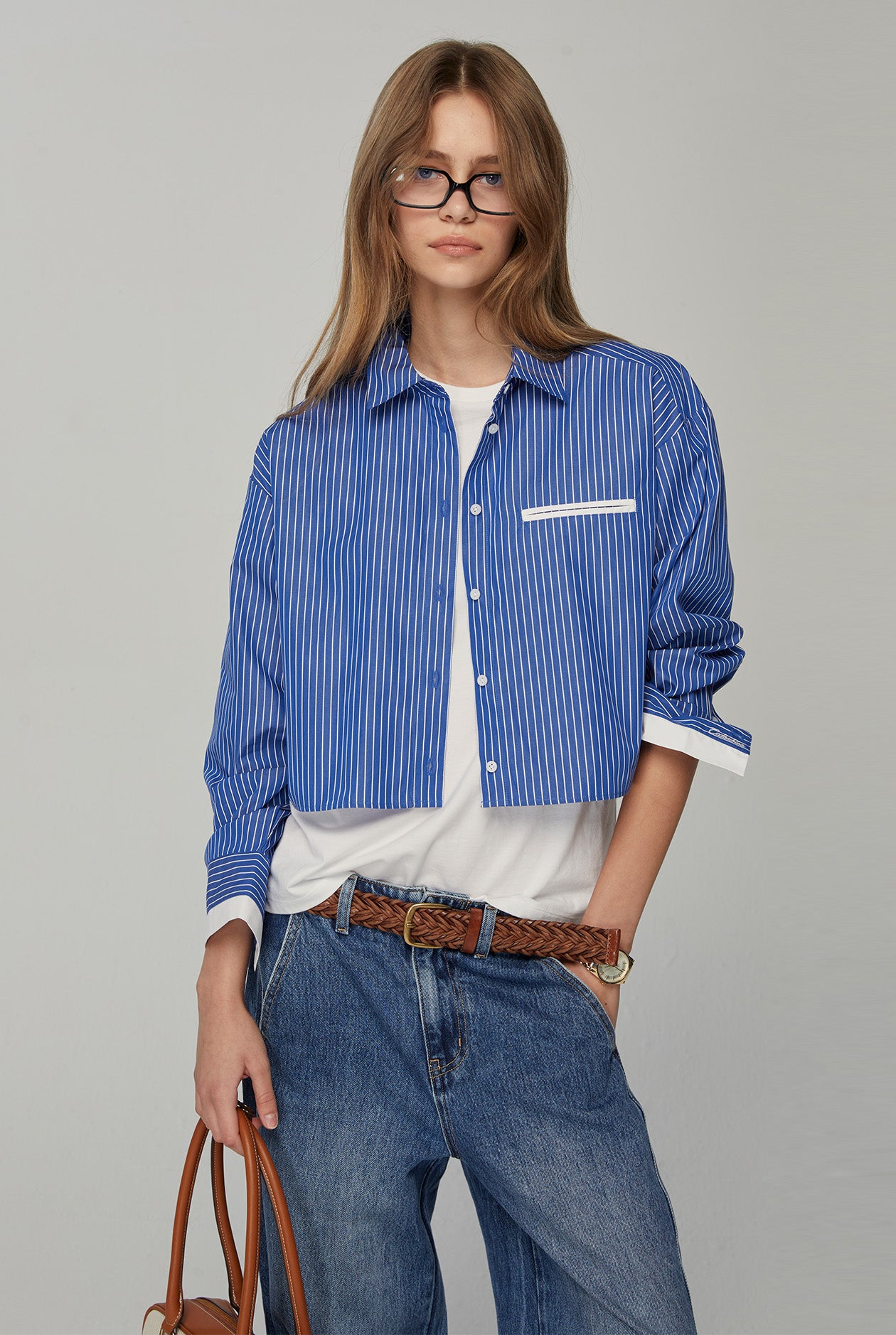BLUE STRIPED CROPPED SHIRT