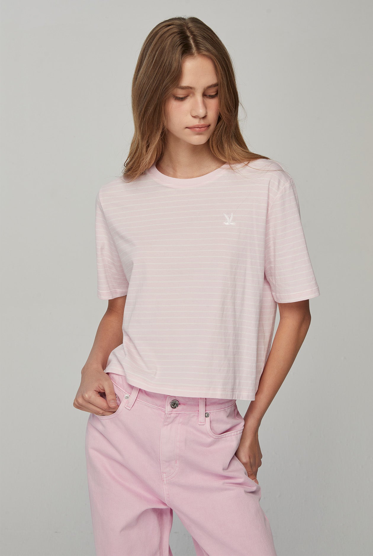 PINK STRIPED CROPPED TEE