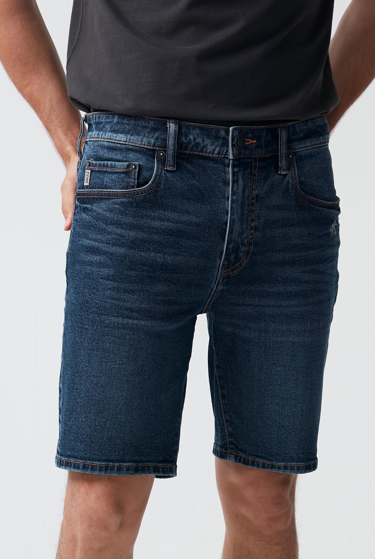 DESTROYED MEDIUM BLUE WASH SLIM SHORT JEANS