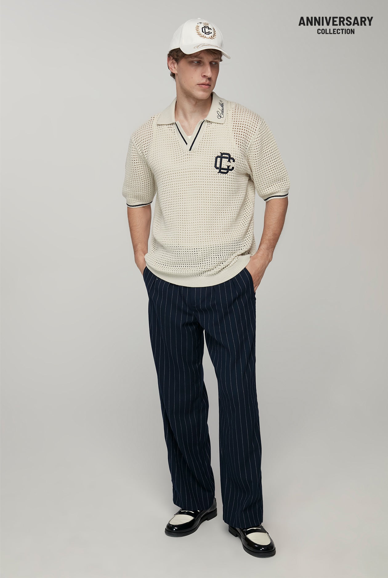 20th ANNIVERSARY OPENWORK KNITTED POLO