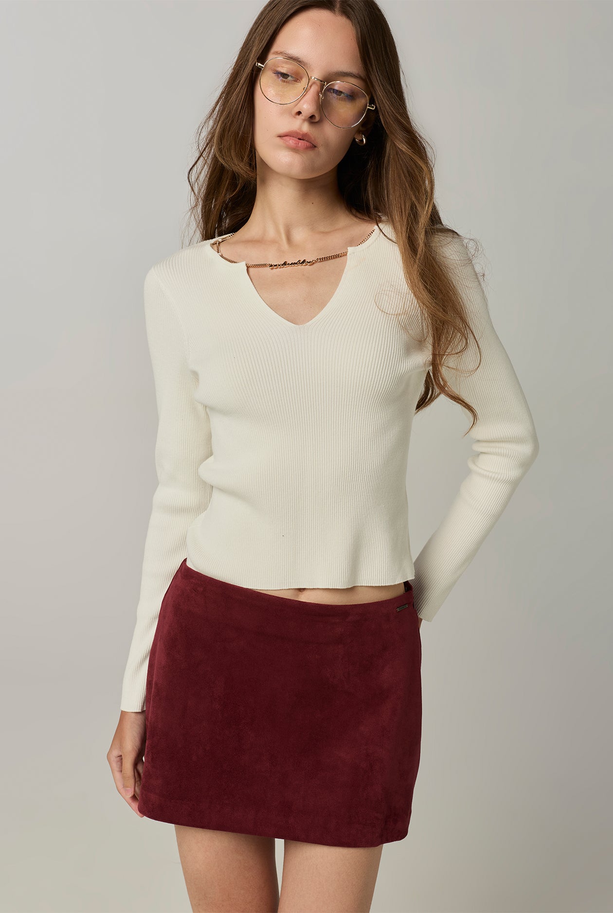 CHAIN RIBBED LONG SLEEVE TOP