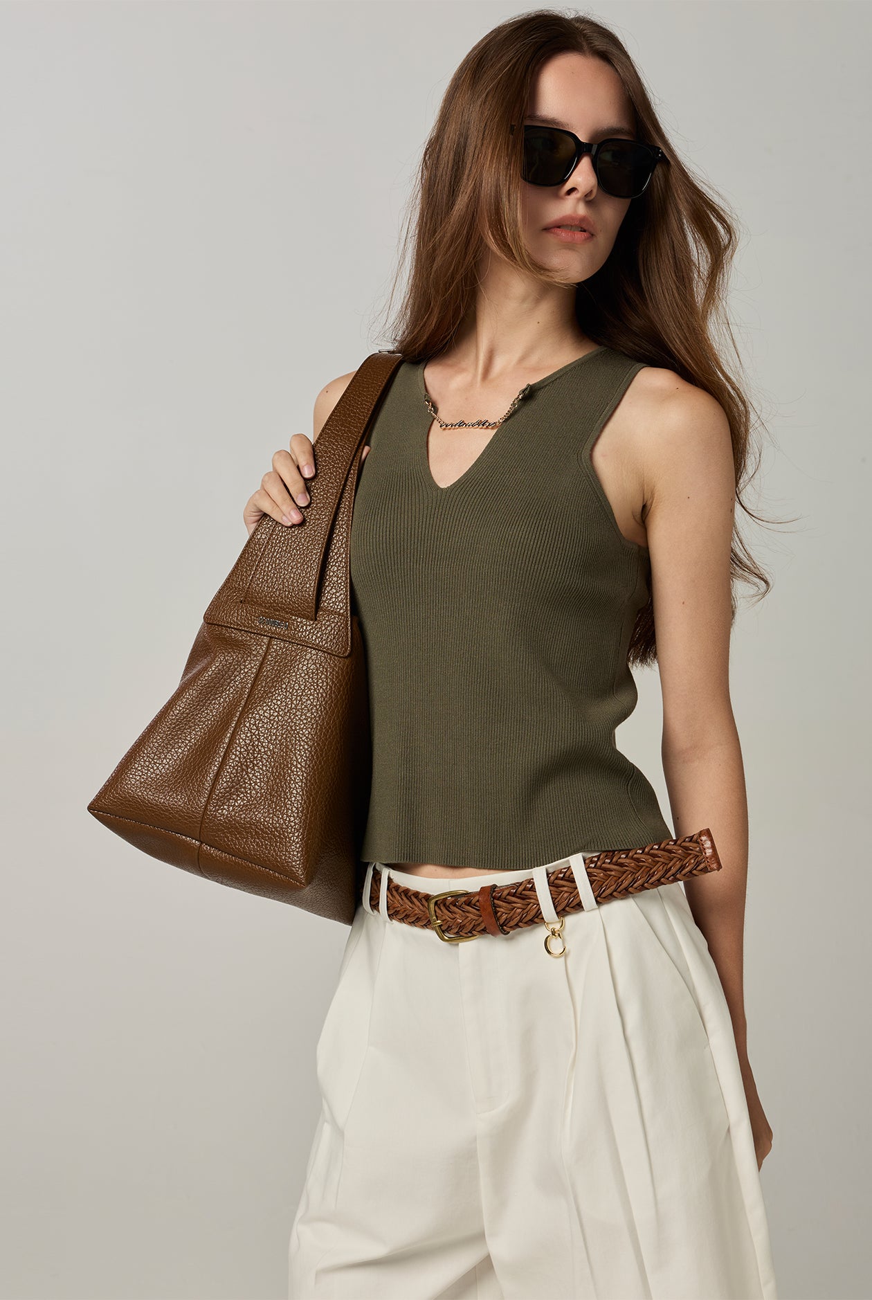 CHAIN RIBBED SLEEVELESS TOP Green / L