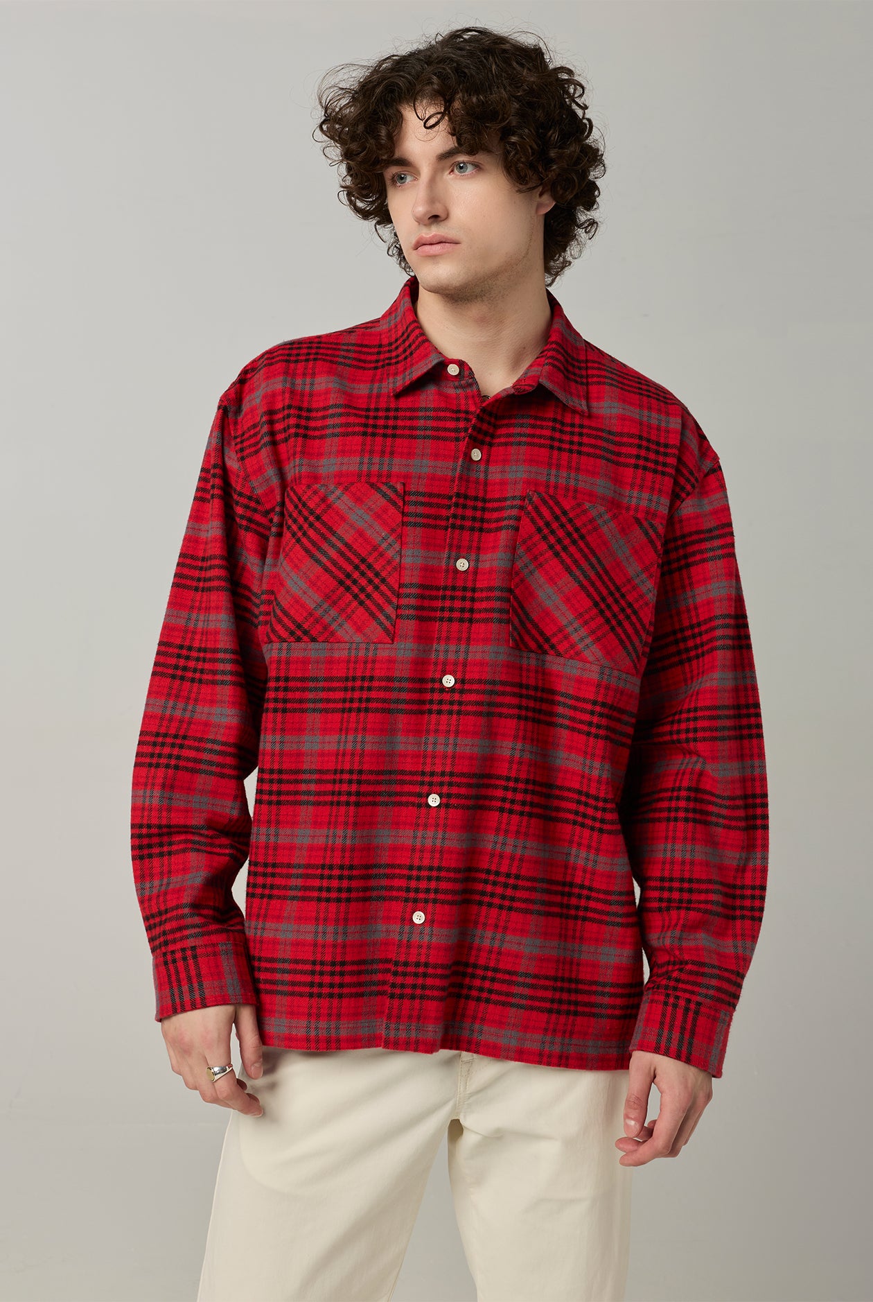 OVERSIZED CHECK LONG SLEEVE SHIRT Red / XL