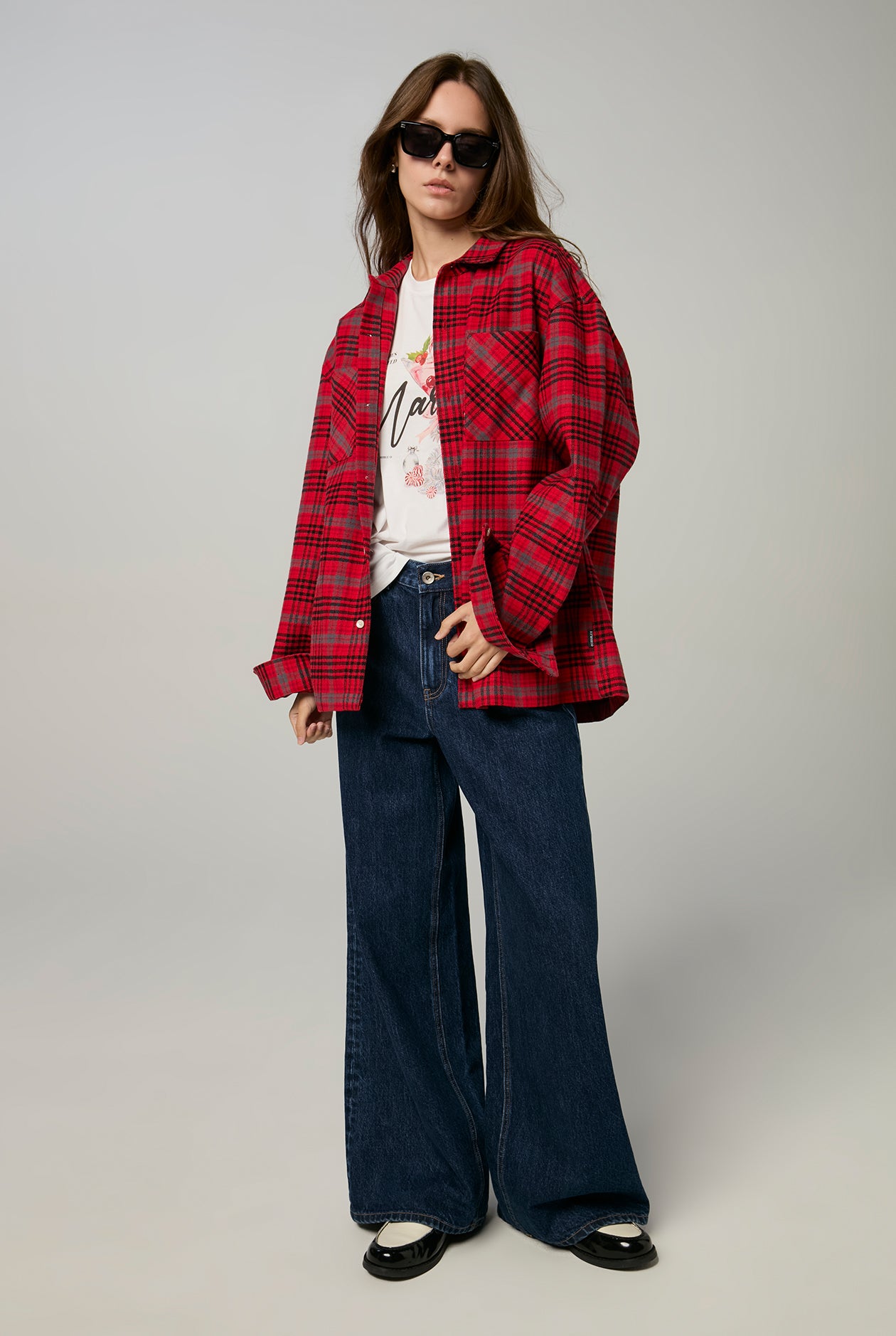 OVERSIZED CHECK LONG SLEEVE SHIRT Red / XL