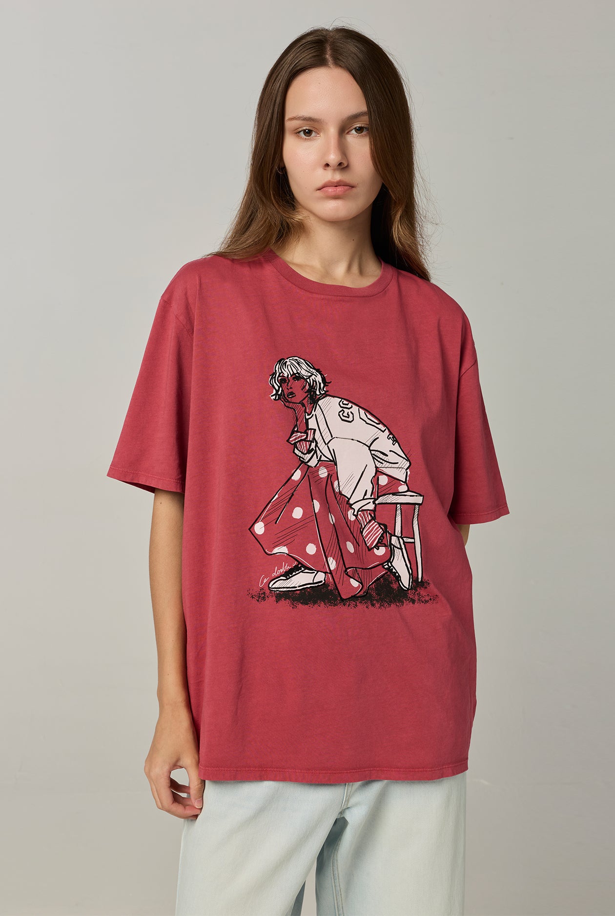 WOMAN ILLUSTRATION OVERSIZED TEE Red / L
