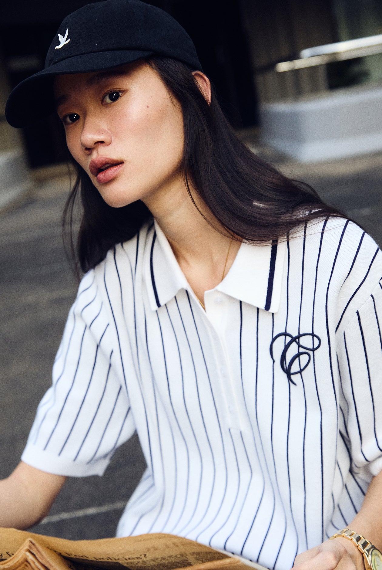 OVERSIZED PINSTRIPED KNIT POLO