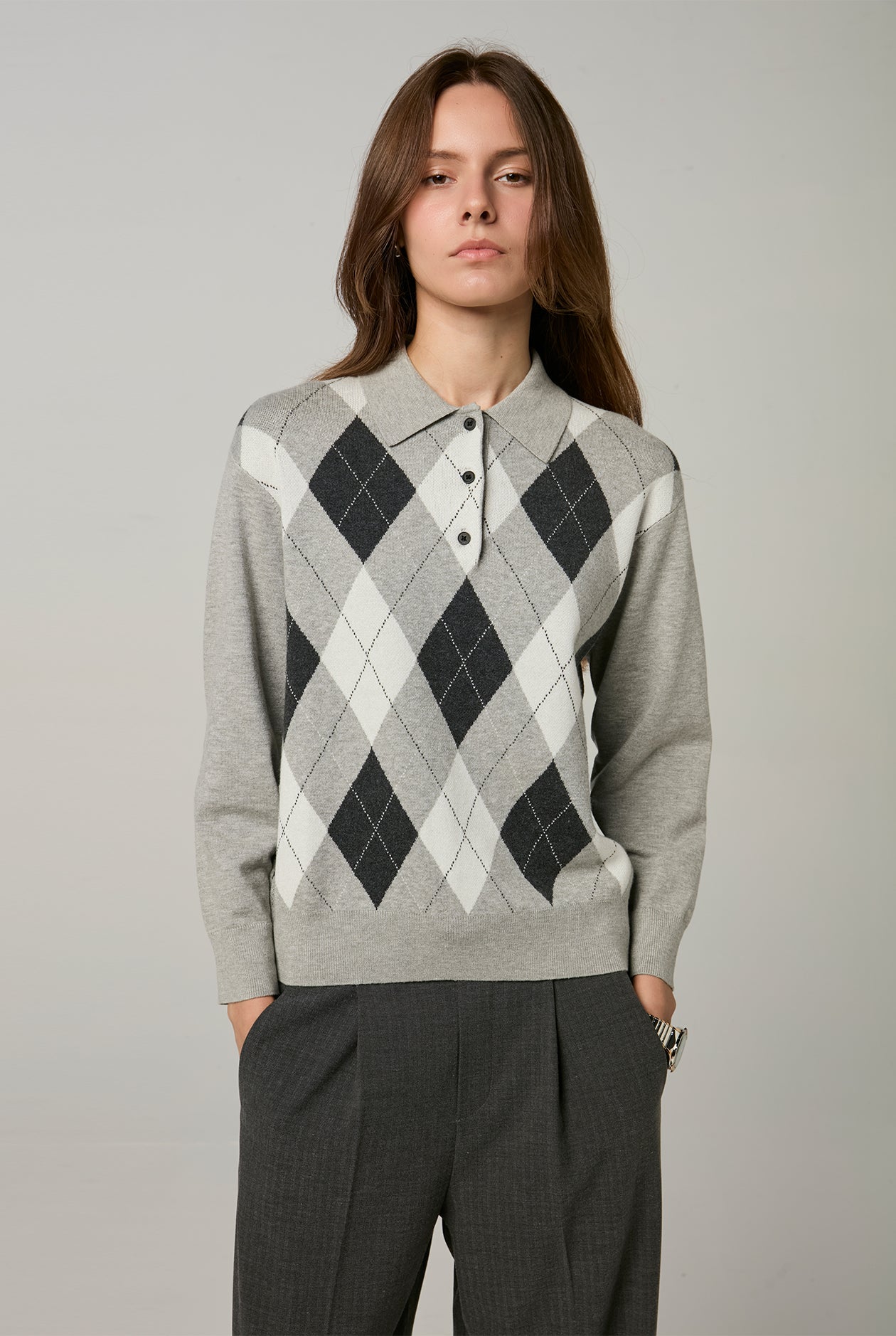 ARGYLE KNIT LONG-SLEEVE POLO