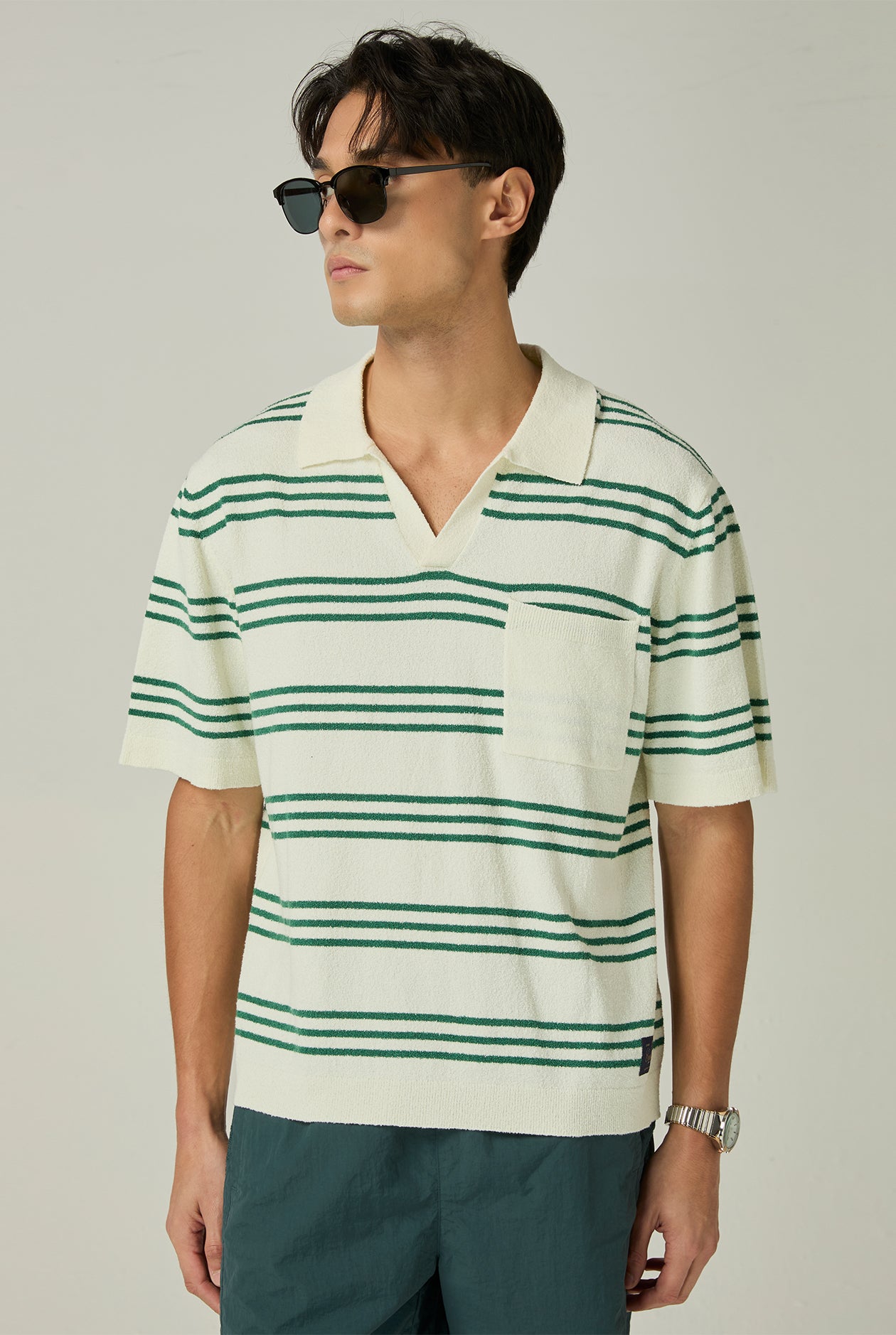 STRIPED TEXTURED JOHNNY COLLAR POLO