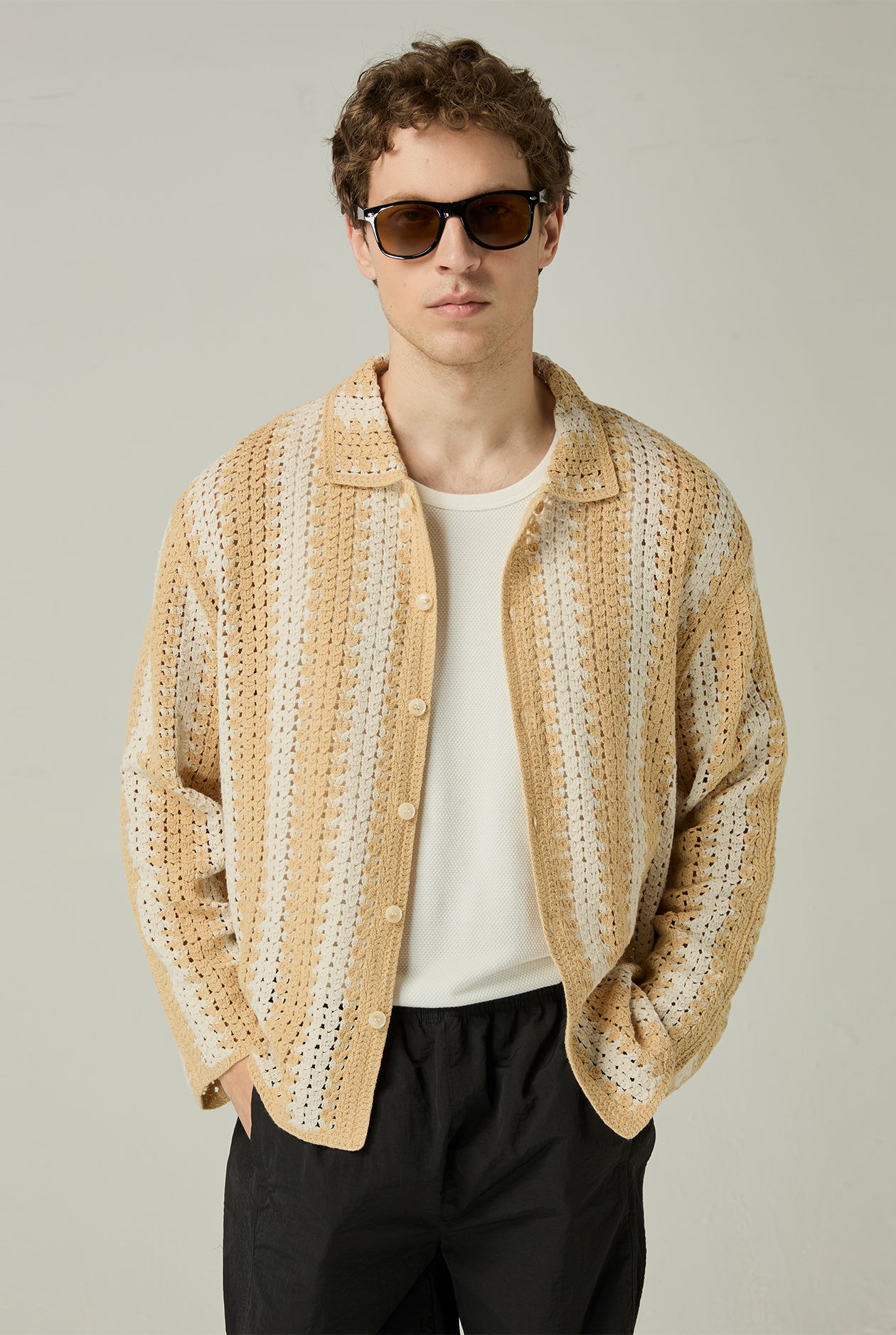 OPENWORK KNIT STRIPED SHIRT