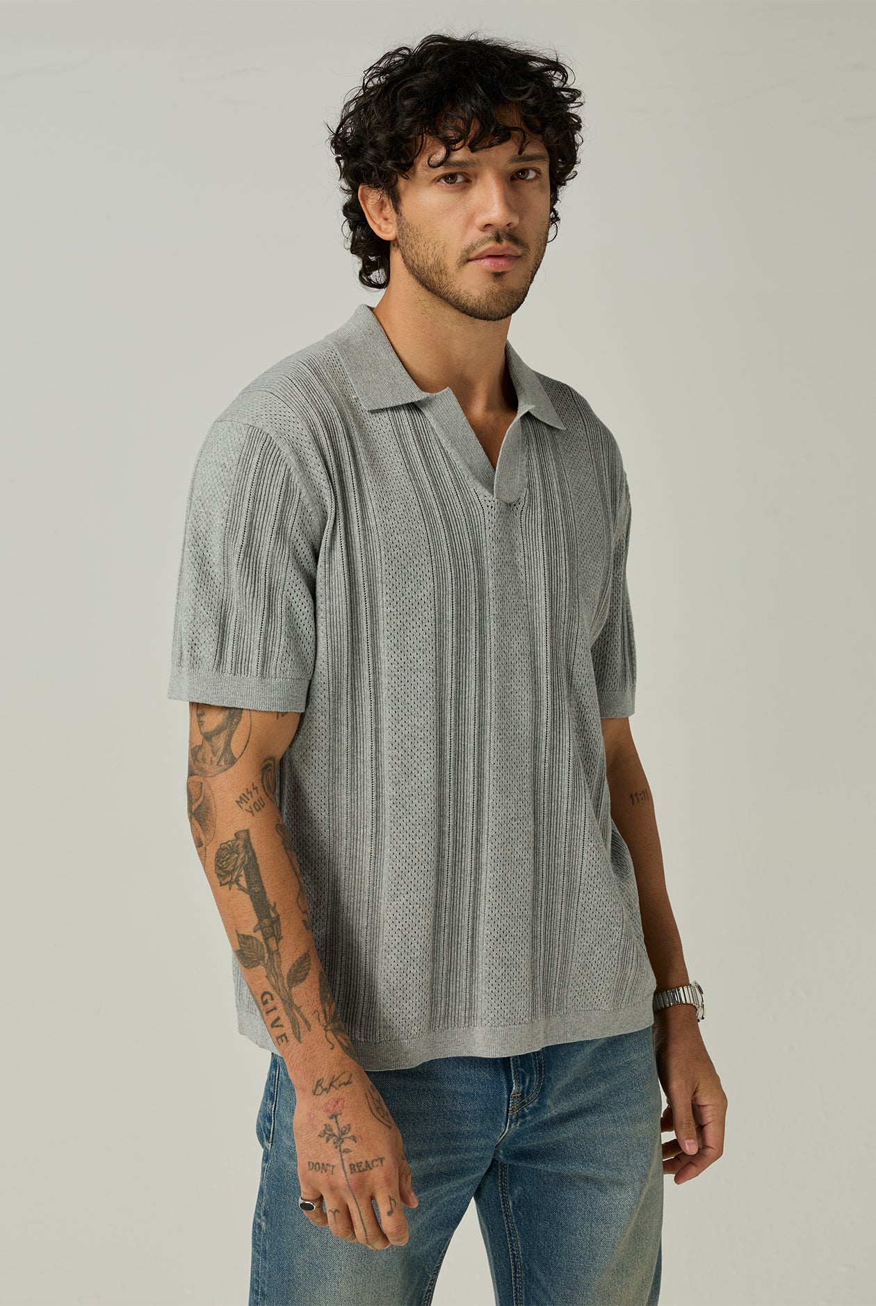 OPEN COLLAR KNIT POLO SHIRT