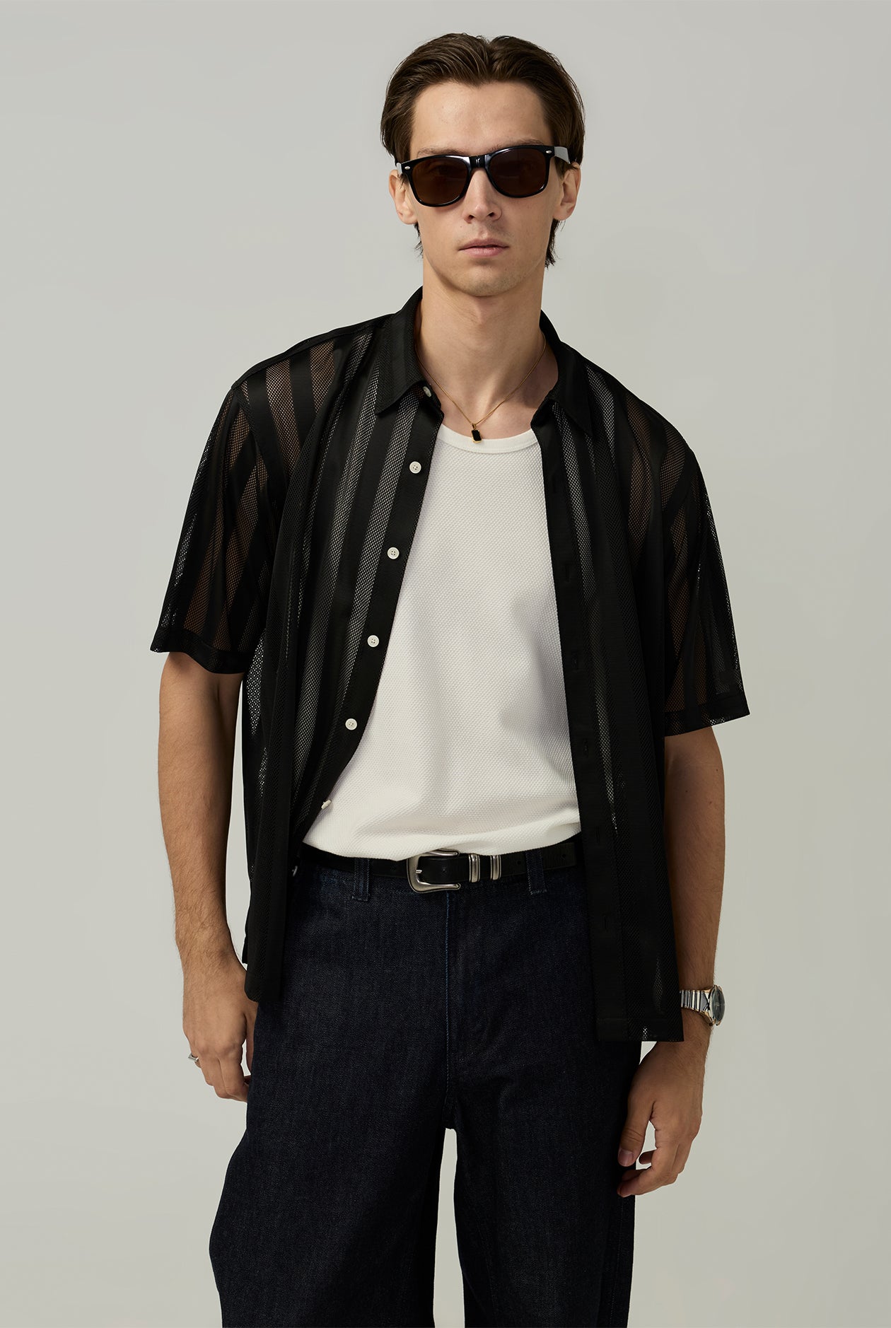STRIPED MESH RELAXED FIT SHIRT