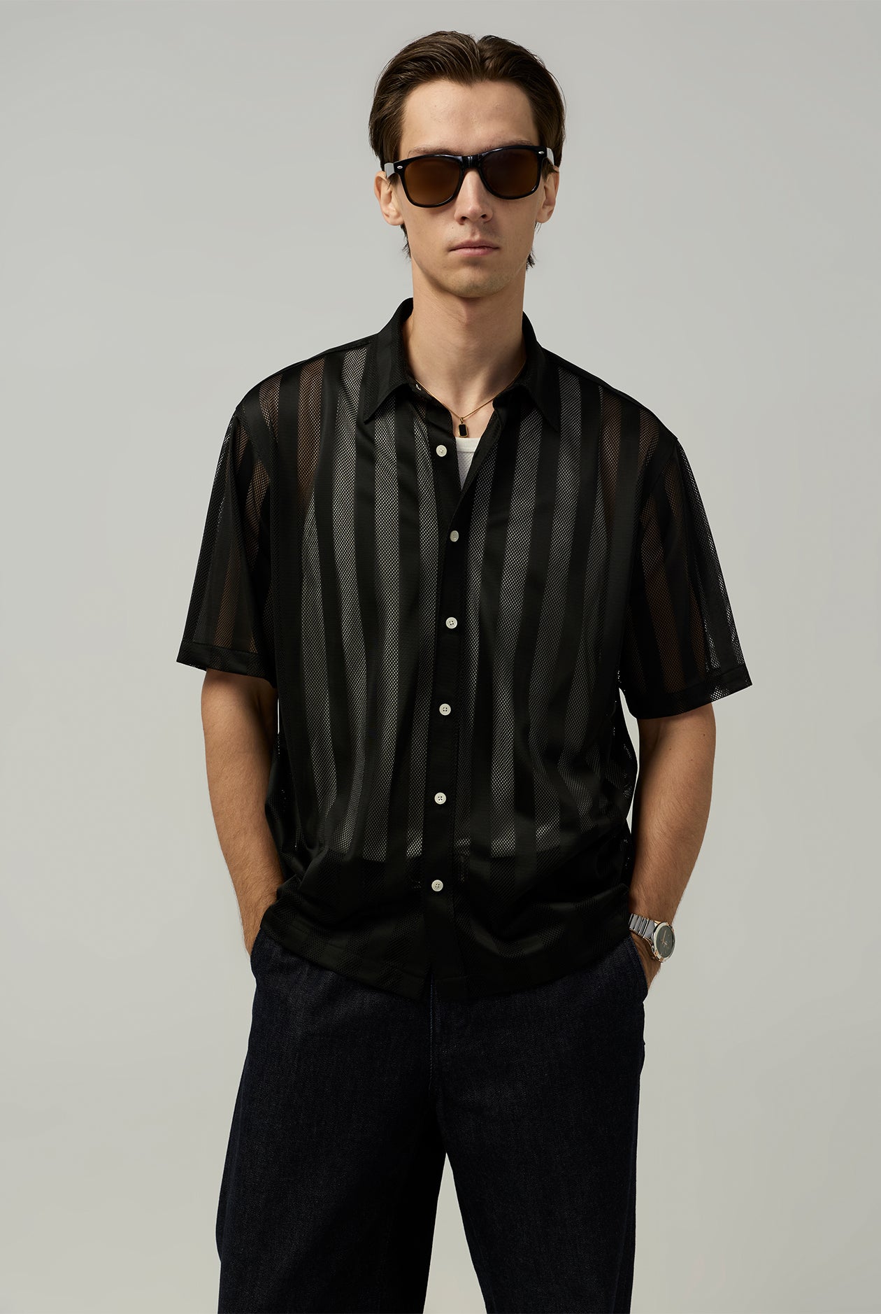 STRIPED MESH RELAXED FIT SHIRT