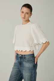 SCALLOP POPLIN CROP BLOUSE
