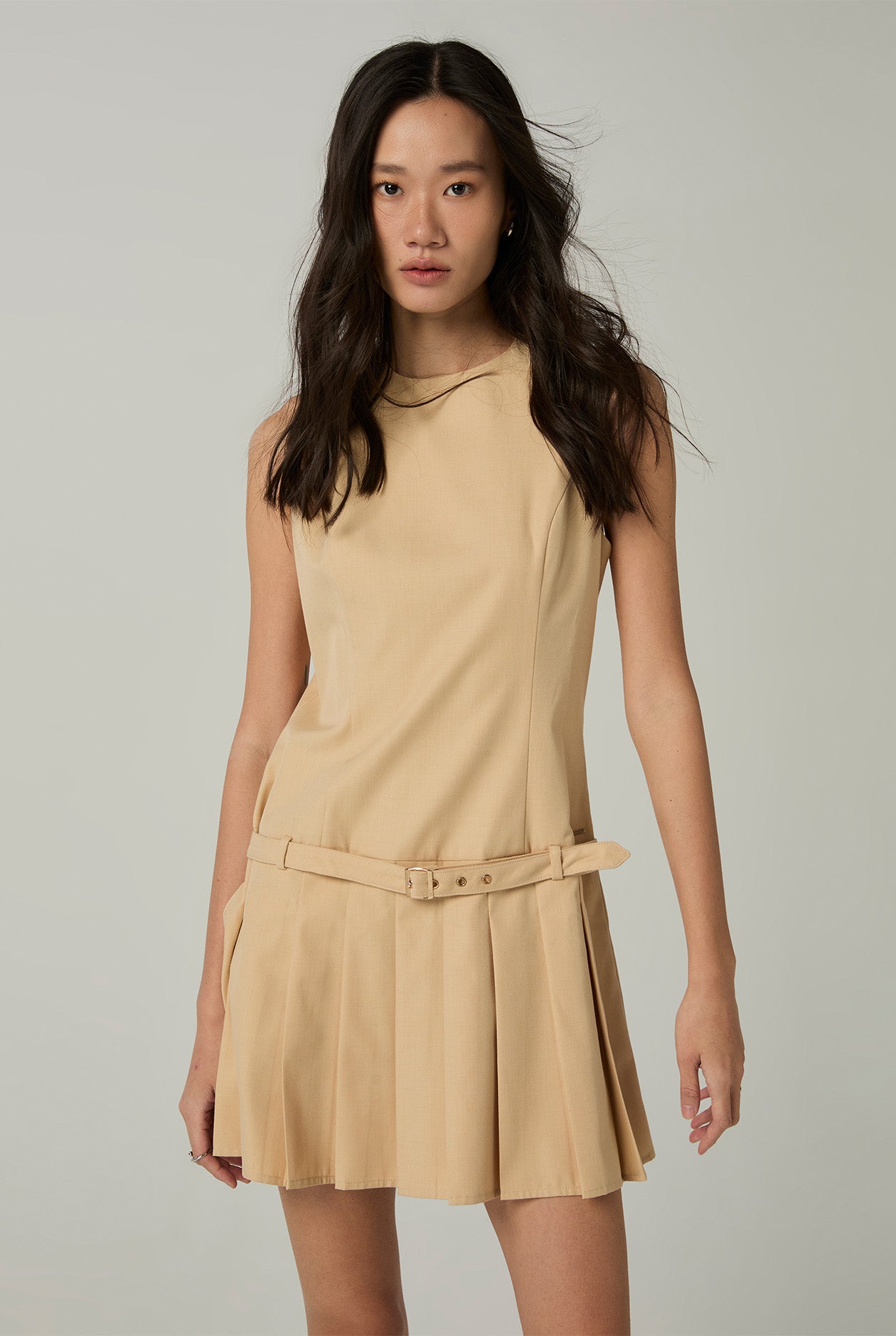 BELTED PLEATED MINI DRESS