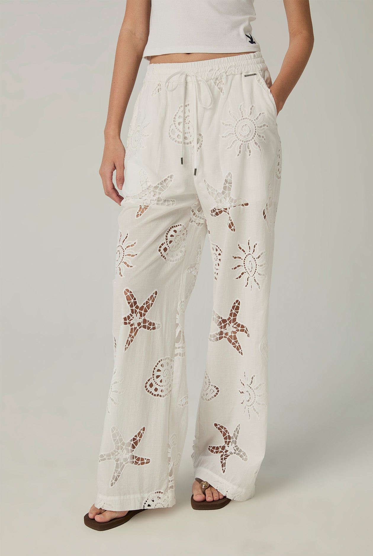 EMBROIDERED SEA  ANIMAL DRAWSTRING PANTS