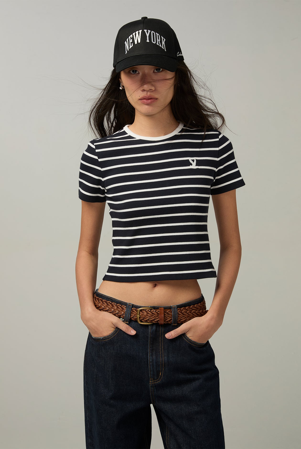 STRIPED RIB MINI CROP TEE Navy / XL