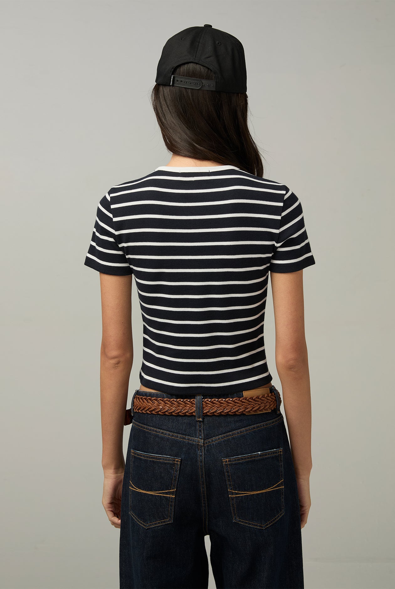 STRIPED RIB MINI CROP TEE Navy / XL